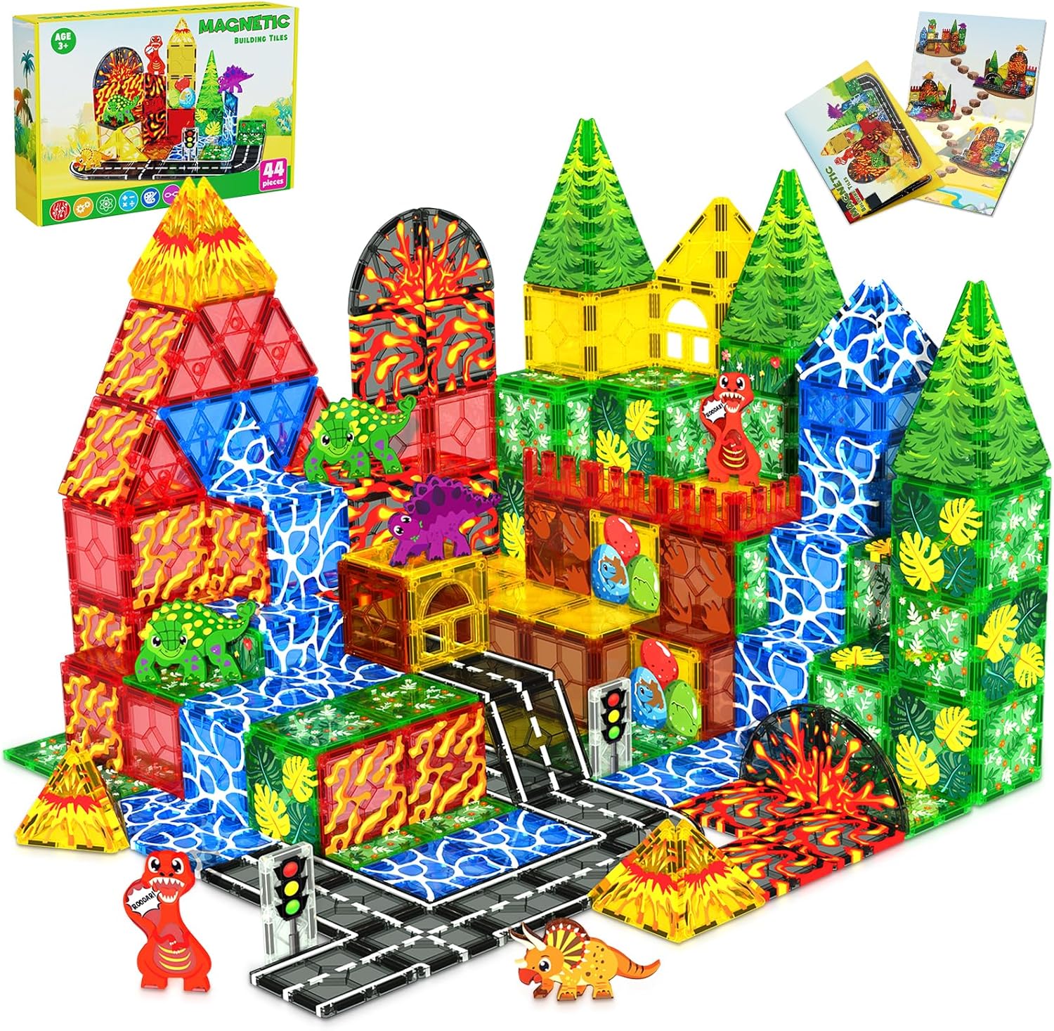 Dinosaur Toys Magnetic Tiles for Kids 3-5, Lava Dinosaur World Set Magnet Tiles for Kids Ages 4-8 5-7, Toddler Magnets Building Toys STEM Learning Sensory Birthday Gifts for 3+ Years Old Boys Girls