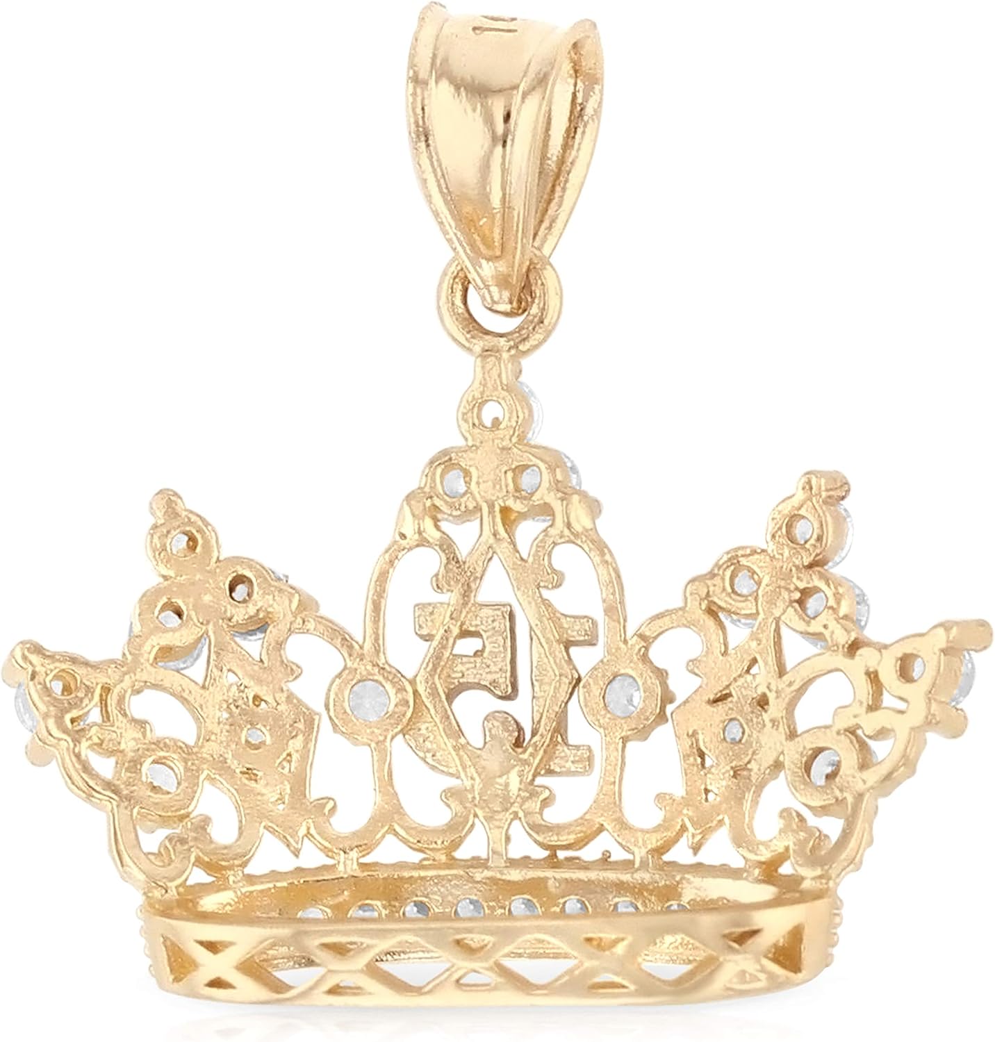 Ioka - 14K Yellow Gold 15 Years Quinceanera Princess Crown or Tiara CZ Charm Small Pendant For Necklace or Chain