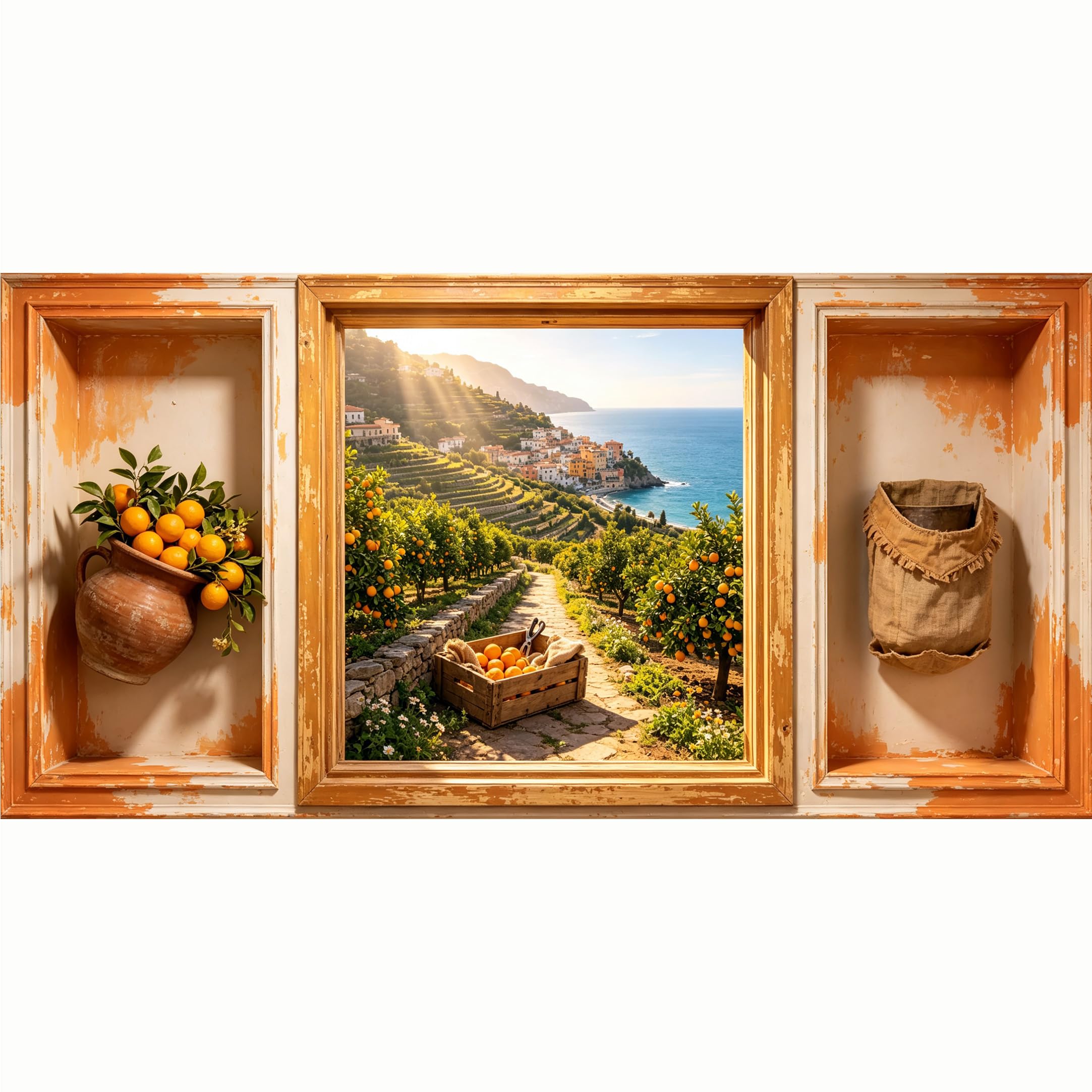 QZLITHOTIC 50x100cm 3D Framed Wall Art， Coastal Mediterranean Orange Orchard Landscape Self‑Adhesive Mural， Water‑Activated Peel & Stick Fabric Decor Wall Decal for Bedroom Living Room