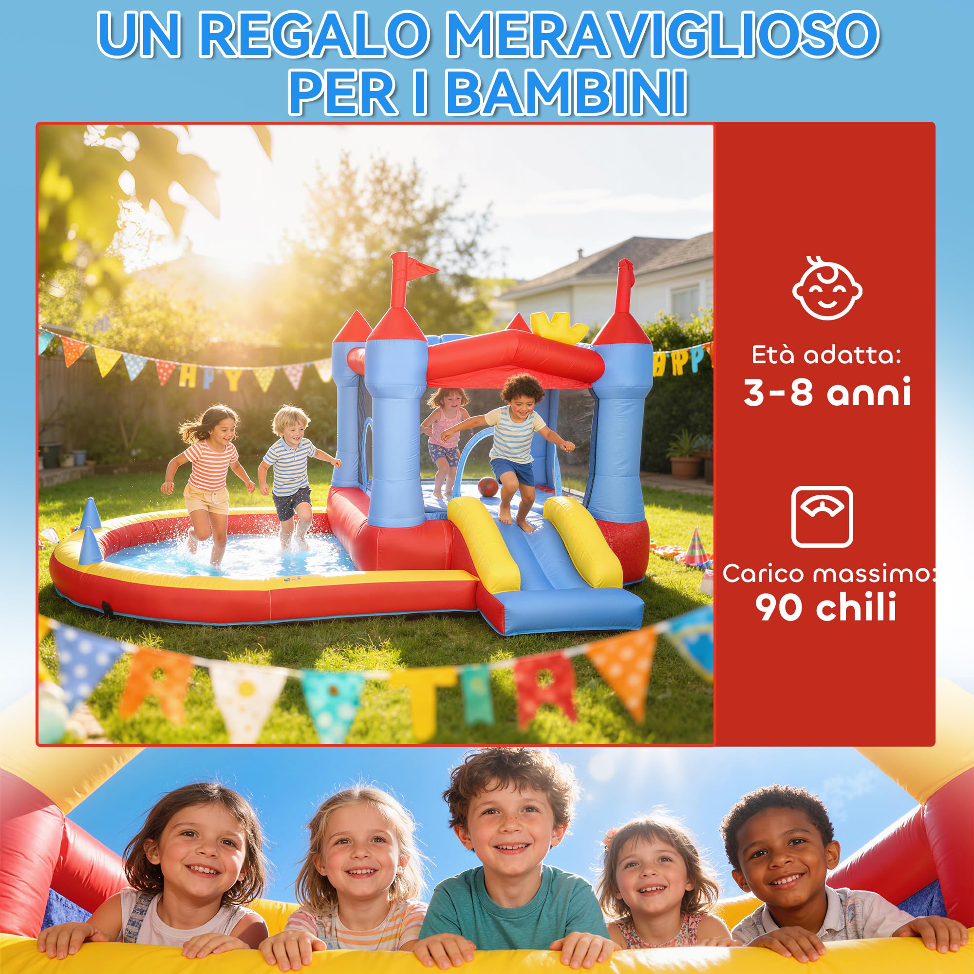 AIYAPLAY Castello Gonfiabile per Bambini 4 in 1, Parco Acquatico con Scivolo, Trampolino, Piscina Palline, Canestro Basket, Soffiatore, Borsa Trasporto, Interni Esterni, 3-8 Anni, 342x255x209 cm