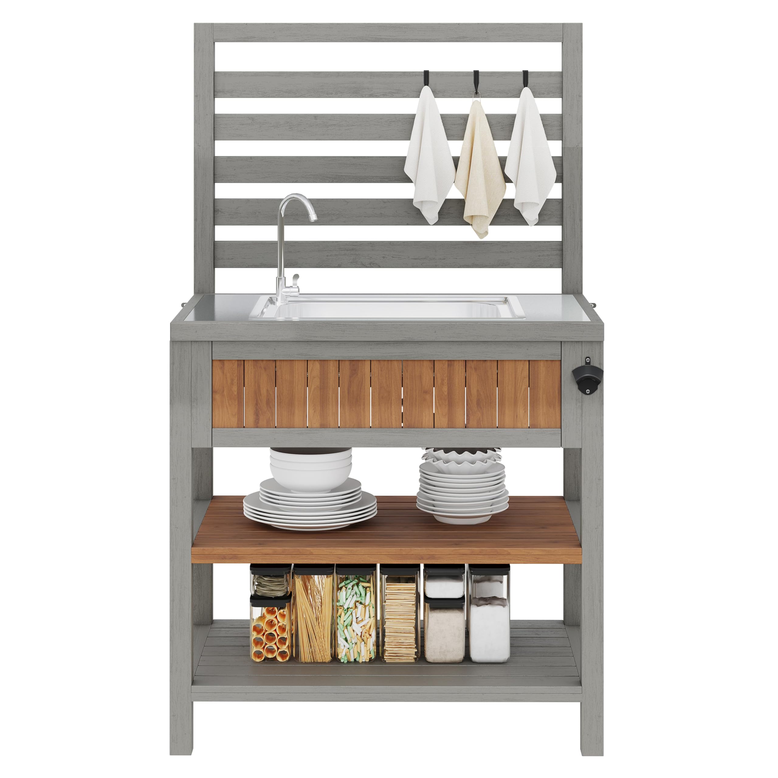 Gartenschrank Holz Outdoor wetterfest Geräteschrank, mit Edelstahl-Arbeitsplatte & großer Schublade, Grillstation mit doppelter Ablage, Kippsicheres Design