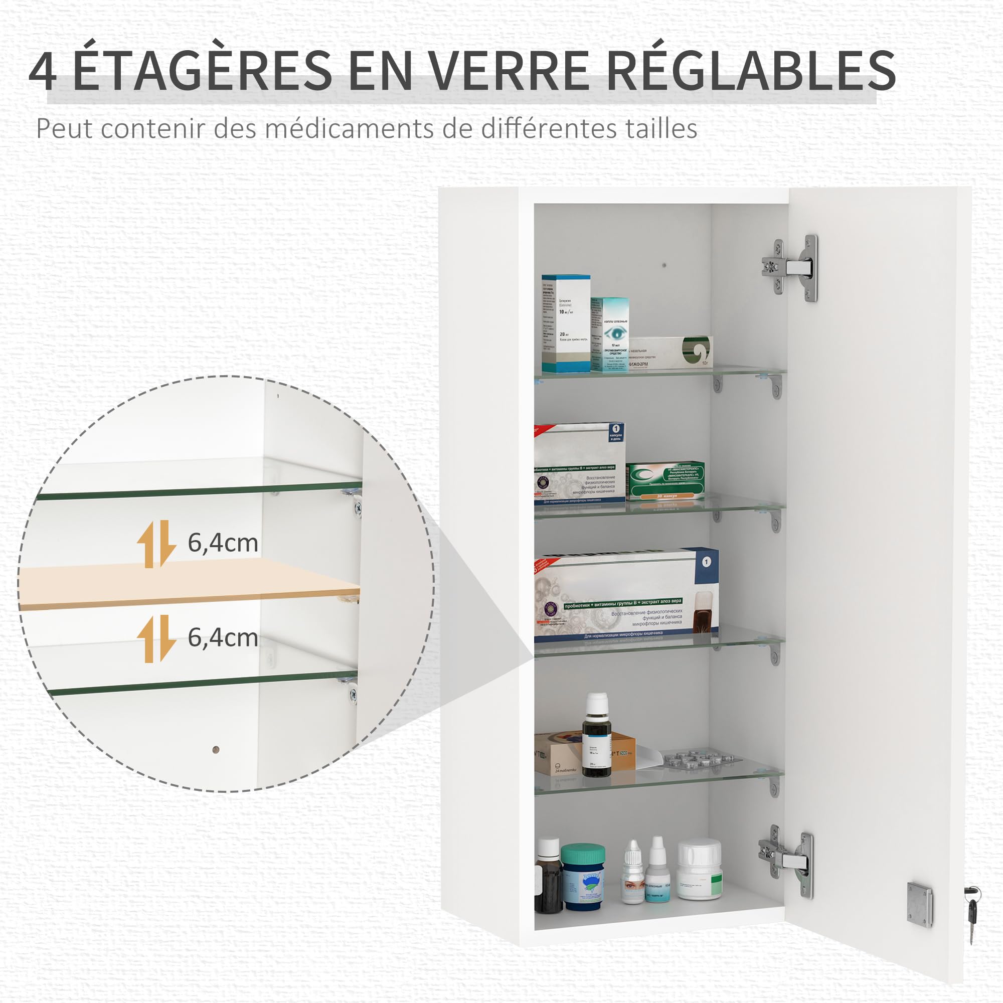 kleankin Armoire à Pharmacie Murale avec Serrure, 5 étagères et tablettes réglables, Bois et Verre, Blanc, 30x20x70cm