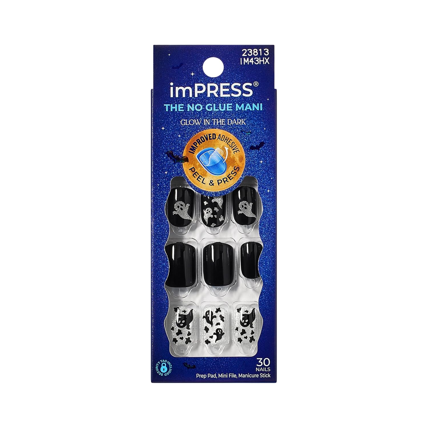 Kiss Impress No Glue Mani Press On Nails, Design, 'Haunt Me', Black, Short Size, Squoval Shape, Includes 30 Nails, Prep Pad, 1 Manicure Stick, 1 Mini File