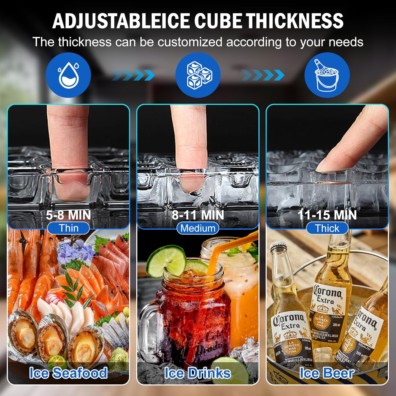 Images demonstrating thin, medium, and thick ice cube options.
