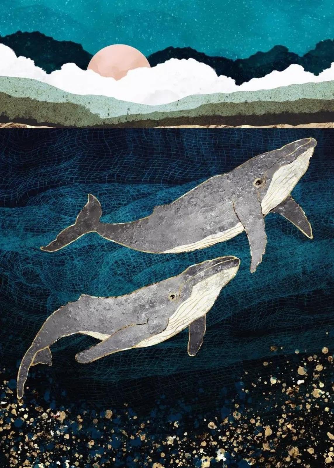 Baibexing Cartoon Humpback Whale Canvas Painting Underwater Waves Boat Blue Whale Dream Fantasy Poster Prints Living Room Home Decor A5 30X40Cm Unframed