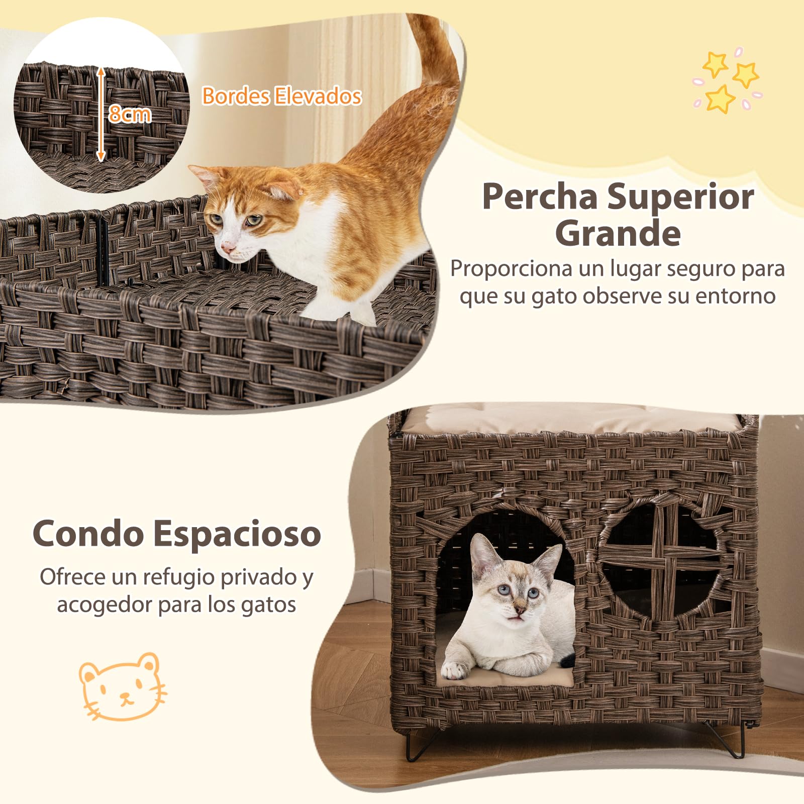 COSTWAY Casa Plegable de 2 Niveles para Gatos, Condominio de Ratán con Percha Elevada, Cueva para Esconderse, Cojines Extraíbles, Mueble para Mascotas de Interior y Exterior, Mesita Auxiliar