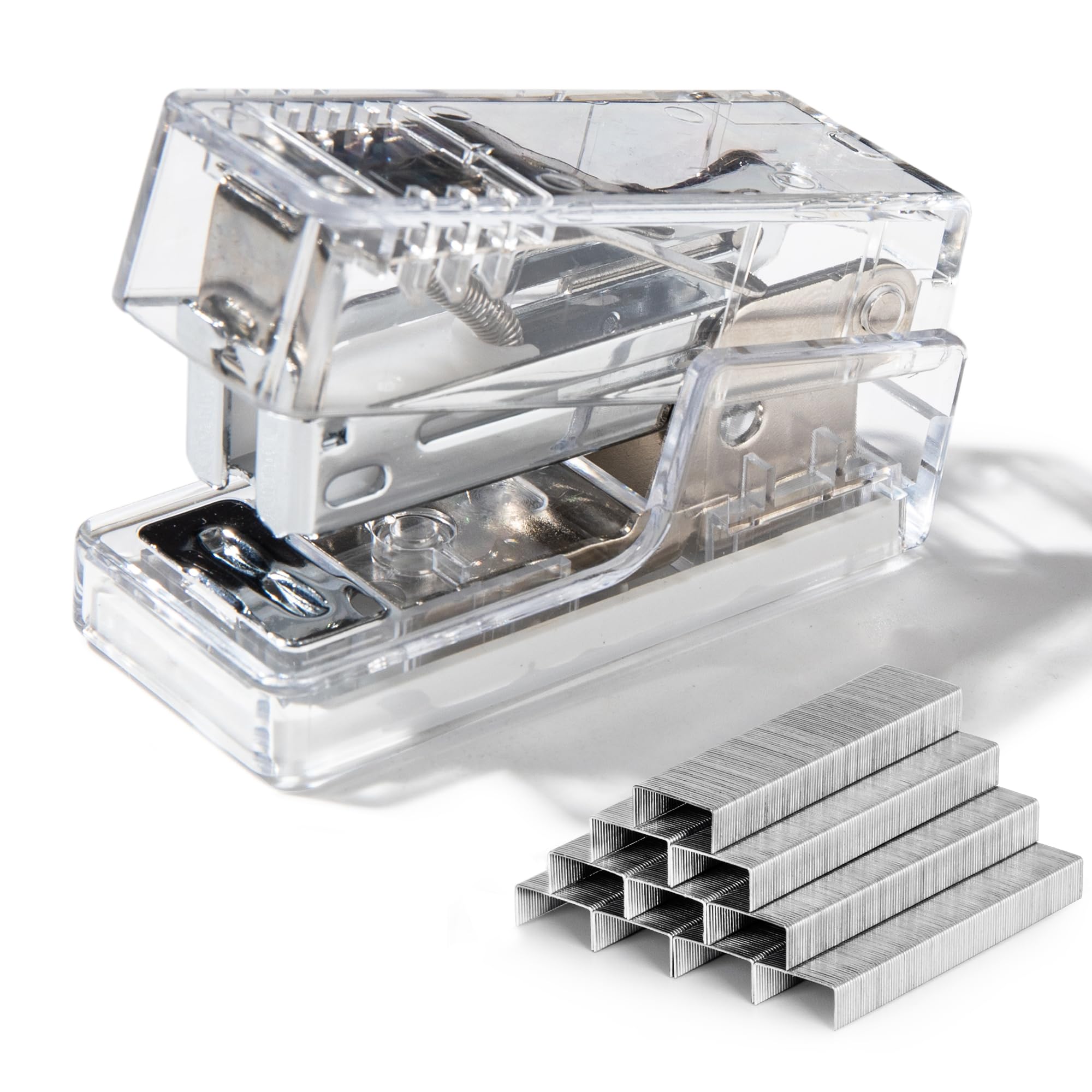 NUSIGN Mini Stapler Set Transparent with 830 Staples, Fits 24/6 & 26/6, Anti-Slip Base