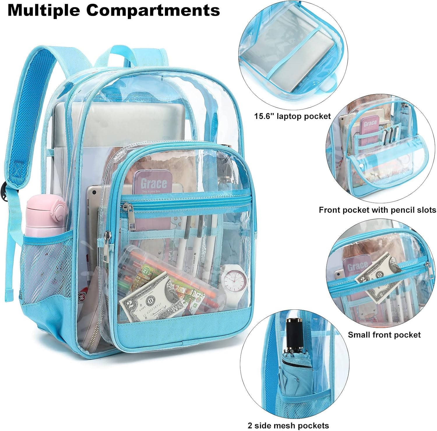 Heavy Duty Clear Backpack, School Backpack College Bookbag PVC See Through Transparent Backpacks (Sky Blue) - Image 2