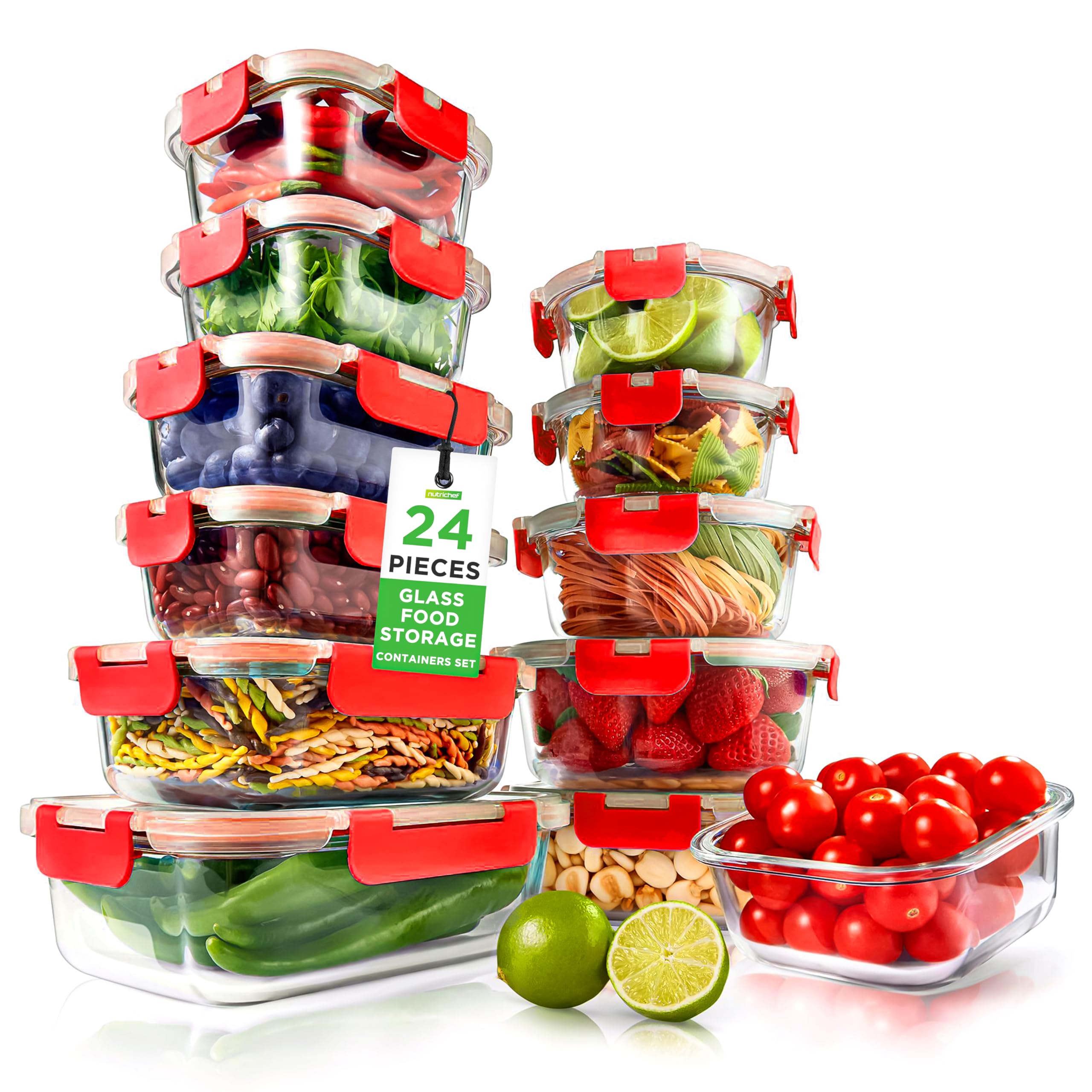NutriChef 24 Piece Glass Food Storage Containers with Lids - Airtight Glass Meal Prep Containers, Bento Lunch Boxes, Hinged Lock Lid, For Meal Prep, Kitchen Storage, Freezer (12 Containers & 12 lids)