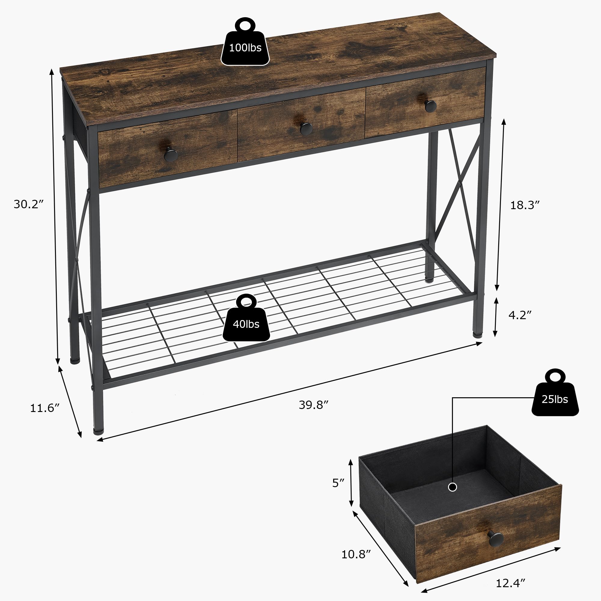 FAVOOSTY Mesas de Consola, Mesa de sofá con 2 cajones y estantes de 1 Nivel, Mesa de Pasillo de Madera, 101.00 × 29.50 × 76.50 cm para Pasillo, salón, Dormitorio