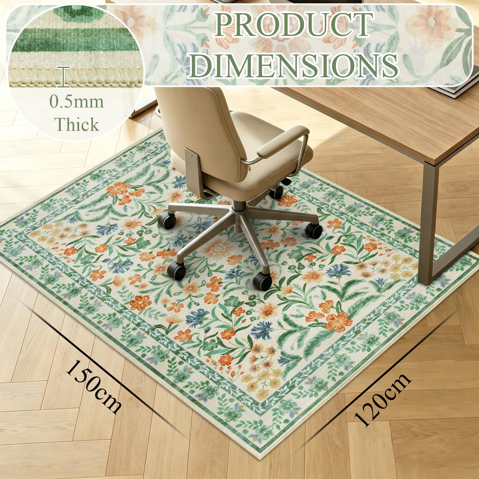 Tappeto Sedia Ufficio 120x150cm Beige Antiscivolo Tappeto Salvapavimento per Pavimenti Duri Vintage Tappeto Sedia Gaming Protettivo per Pavimenti Duri Parquet Piastrelle