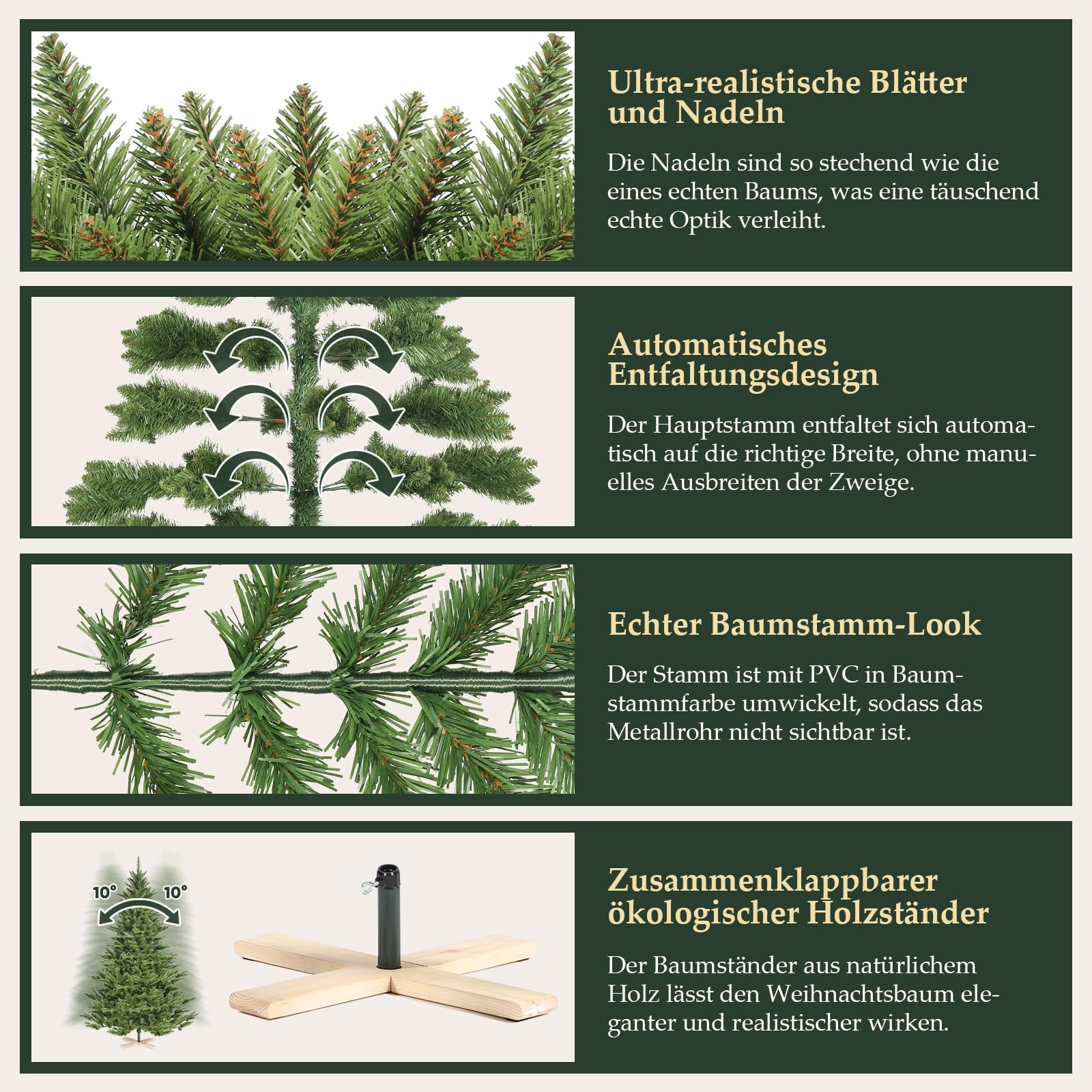 SALCAR Künstlicher Weihnachtsbaum 180 cm, Tannenbaum Künstlich mit 560 Spitzen und Klapp-Schirmsystem, Grün Tannenbaum Christbaum mit Holzständer, φ124 cm übergroßer Baumdurchmesser