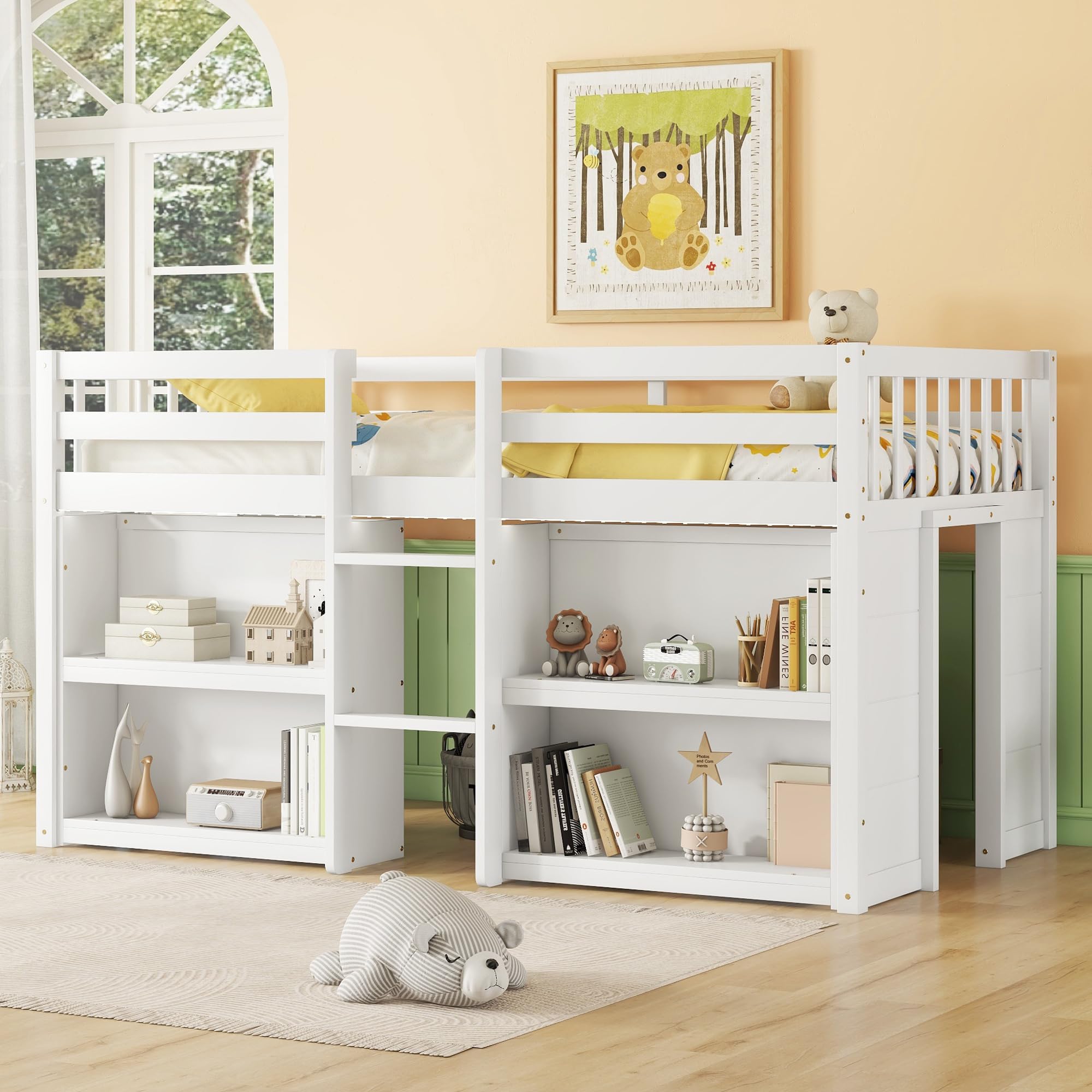 Bellemave LED Twin Size Low Loft Bed for Kids,Twin Loft Bed with Storage Shelves,Kids Low Loft Bed Frame with LED Light,Space Saving, White