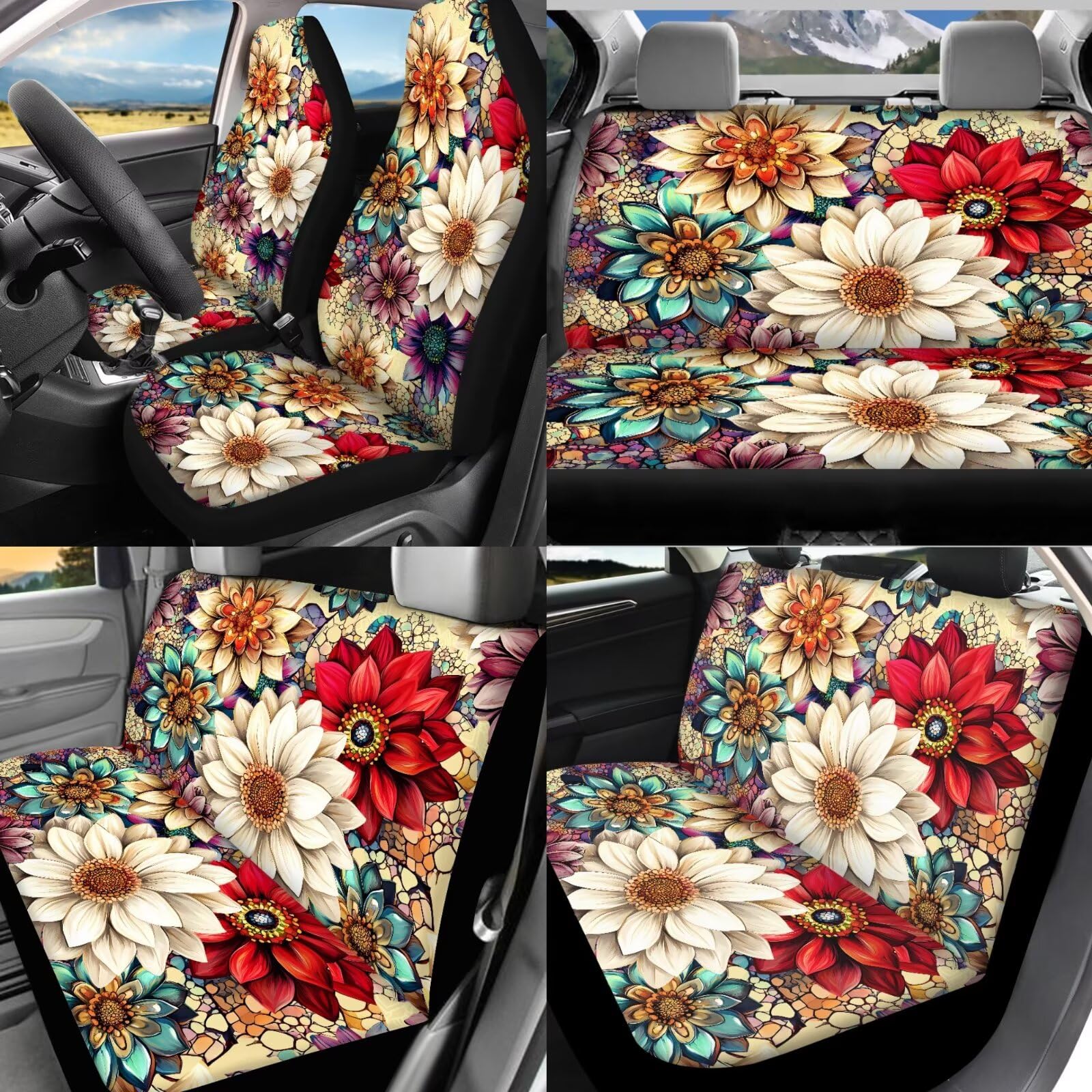 Blossom Lotus Set di coprisedili per auto da donna, universali, coprivolante, portachiavi, bracciolo, set completo, 17 pezzi, accessori per interni auto boho loto, carino a prova di perdite