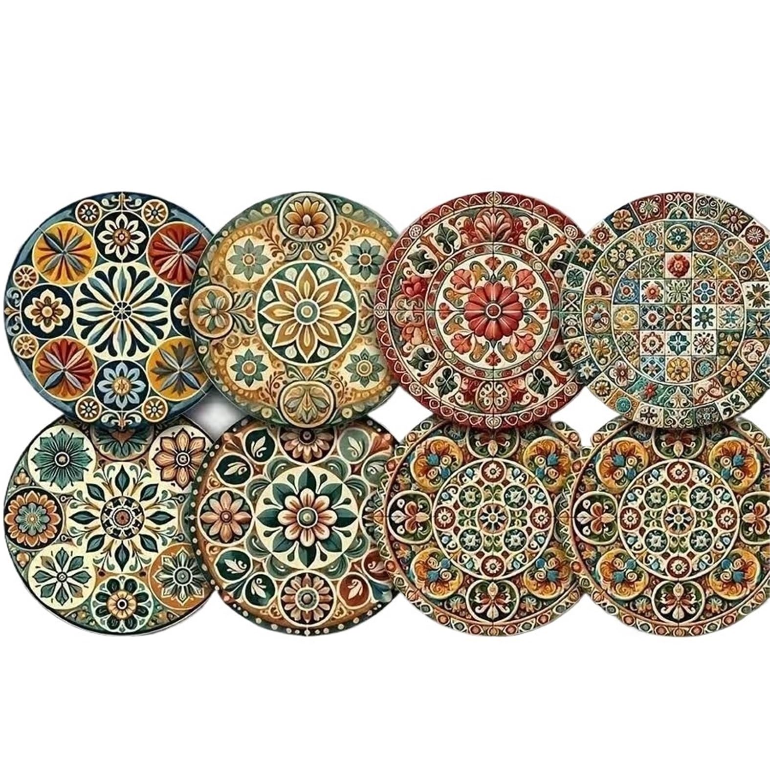 Wooden Round Coasters 8Pcs Moroccan Mandorla 2D Wooden Coasters Set