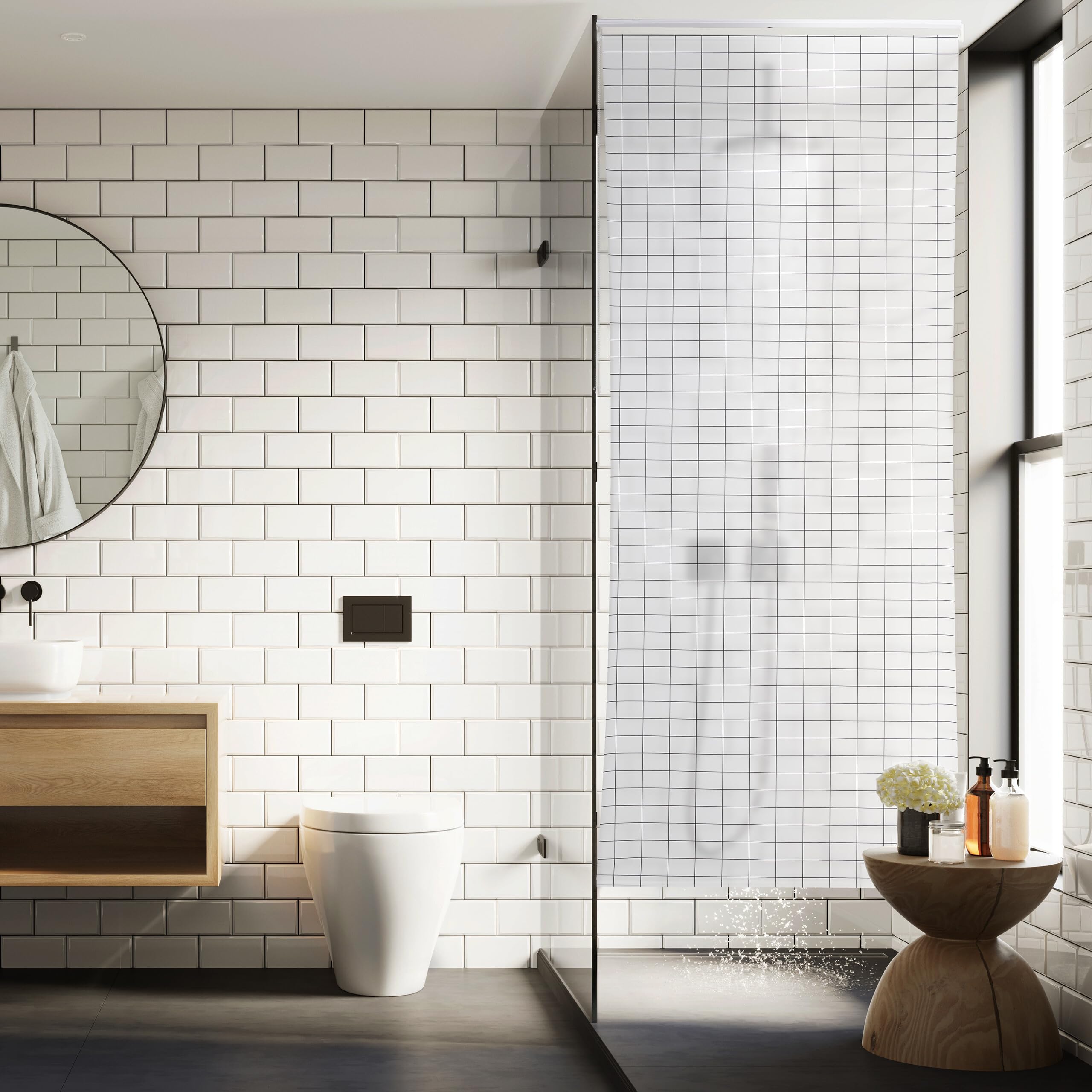 Relaxdays Cortina de Baño Enrollable Estampado de Cuadros, Estor Ducha o Ventana, 100 x 240 cm, Blanco y Negro