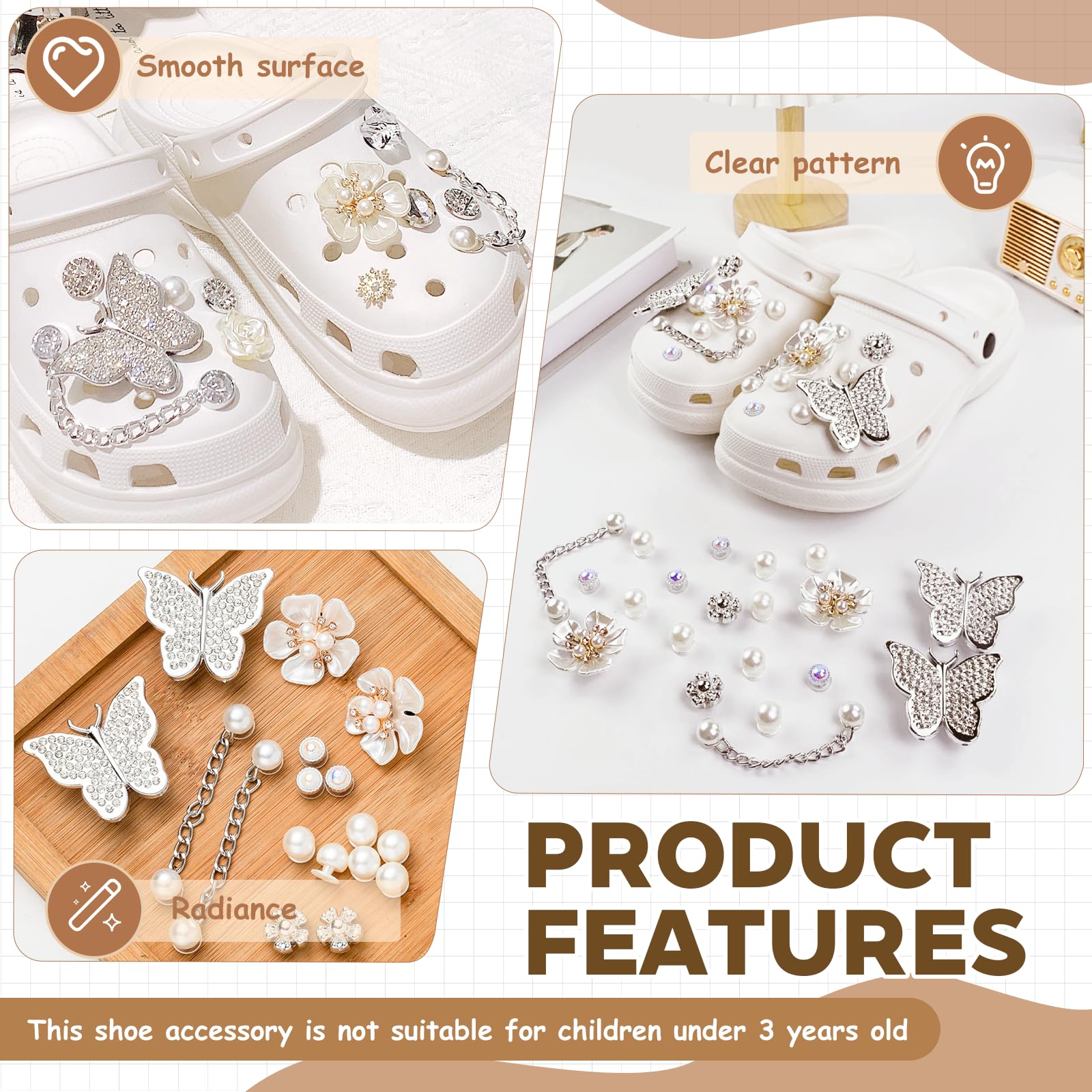 20 sztuk Crocs Ornamenty, Charms Crocs z perłowymi łańcuchami, Pin Crocs Motyle Deco, Kwiaty Croc Pin, Zdejmowane DIY Akcesoria Croc dla kobiet Dorosłych