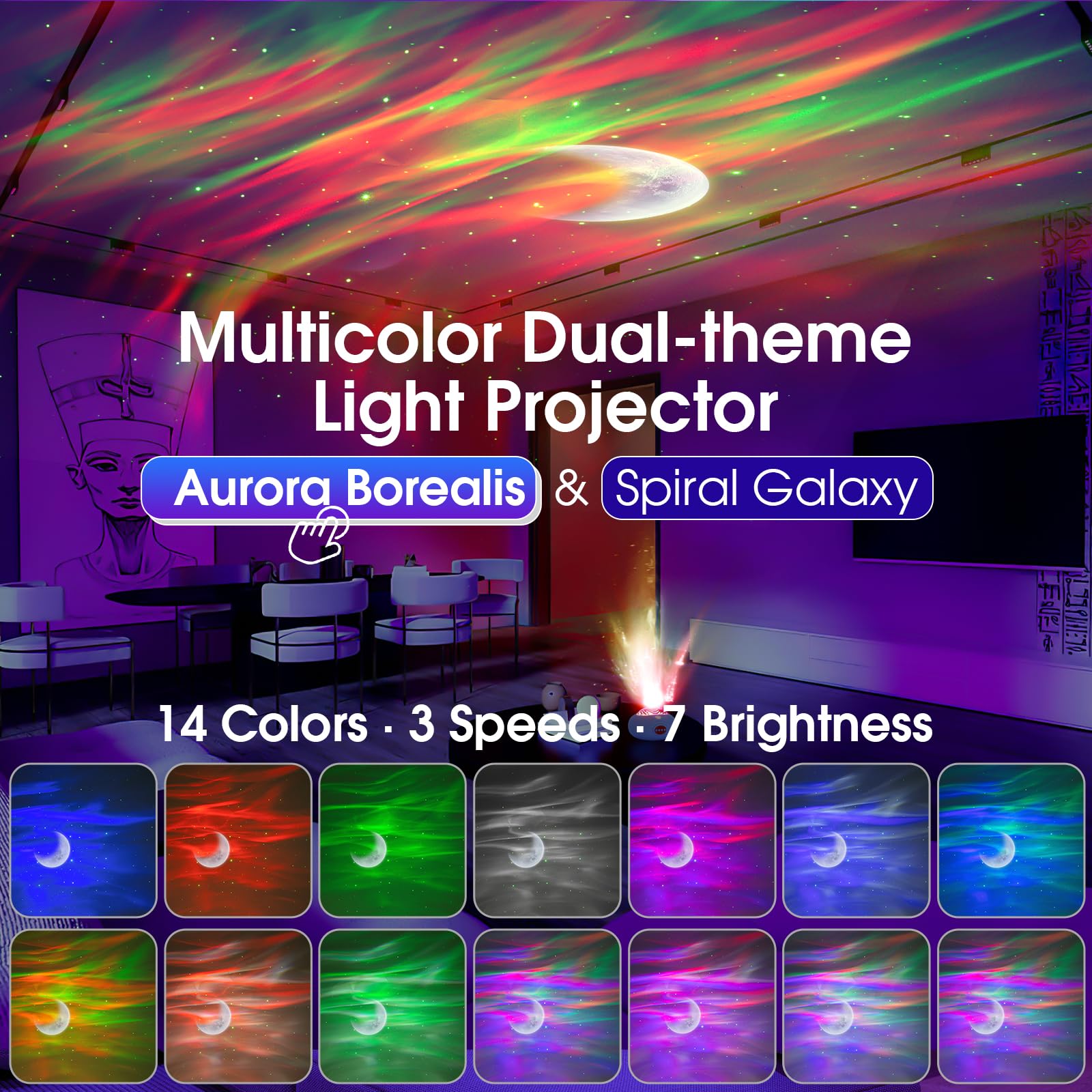 ALACRIS Proiettore Aurora & Lampada Proiettore Stelle Soffitto, 4-in-1 Luce Notturna per Bambini con con 14 Colori, Telecomando, Timer e Rumore Bianco, Regali Giocattolo di Natale e Compleanno