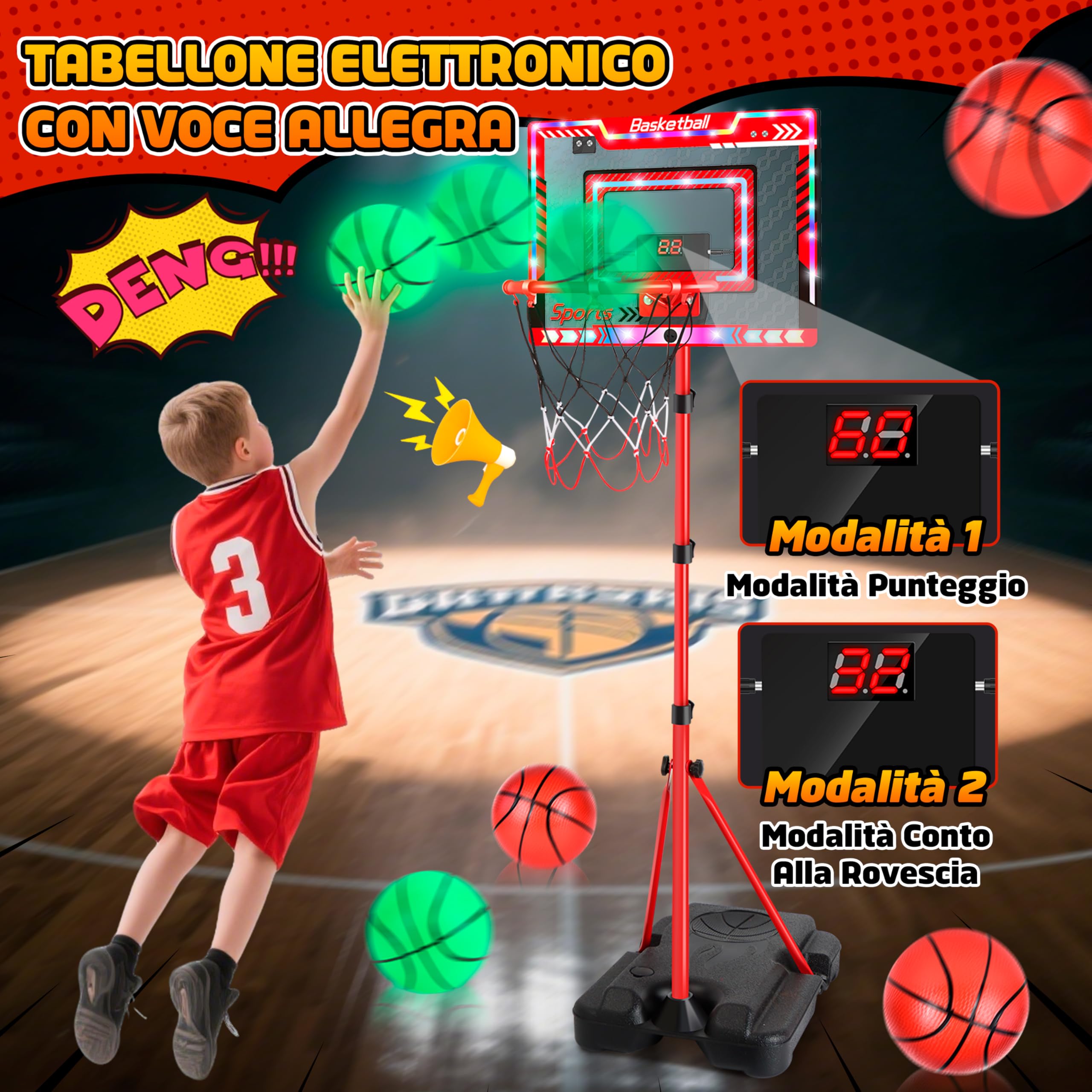 Charmofun Canestro da Basket LED per Bambini, Altezza Regolabile 105-183 cm, 2 in 1 Basket Interno Esterno Con 5 Palline, Musik, Elettronico Punteggio Record, Portatile con Base Zavorrabile