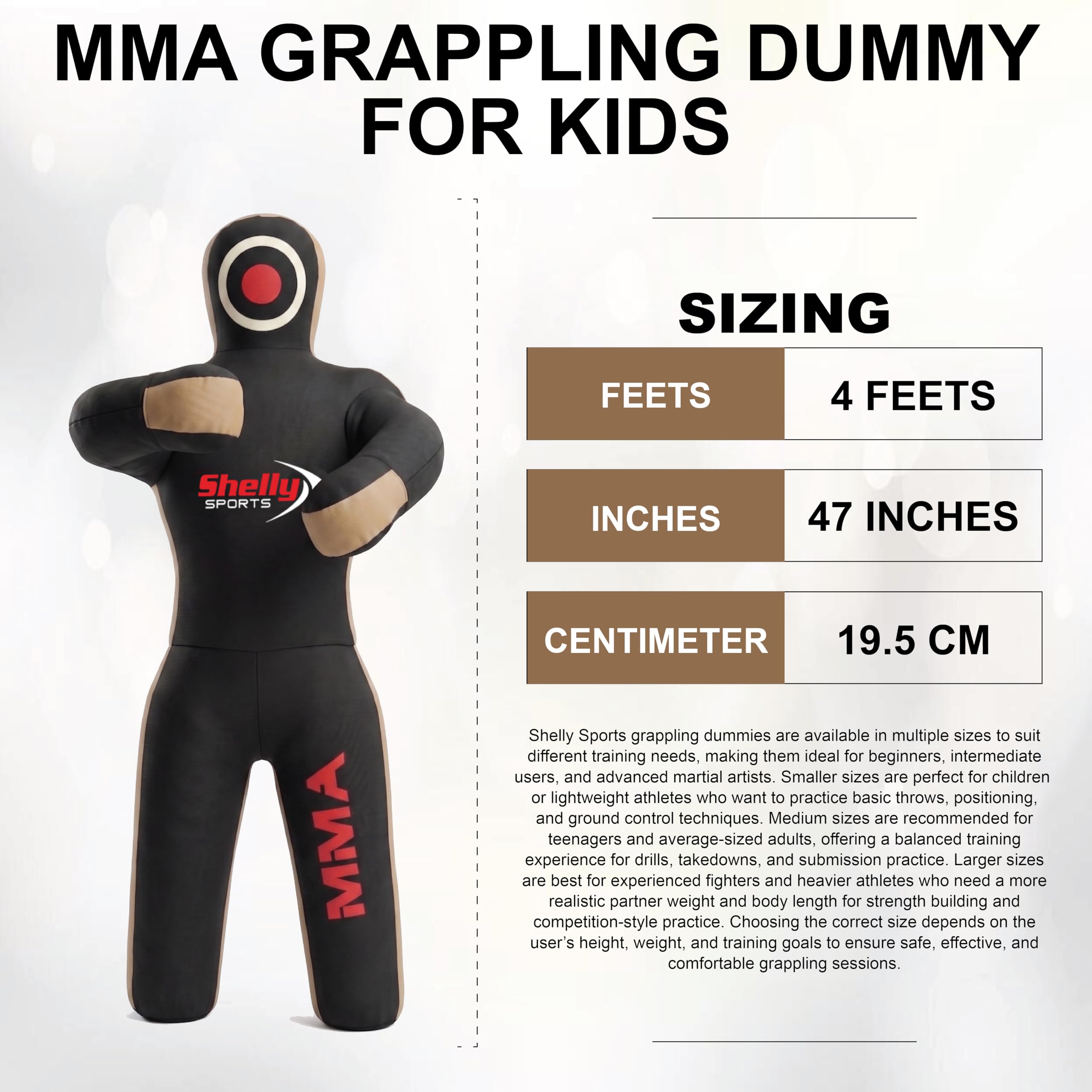 Shelly Mannequin de combat MMA pour enfants Sac de frappe BJJ, Jitsu brésilien Position debout, arts martiaux, boxe, karaté, entraînement – Non rempli