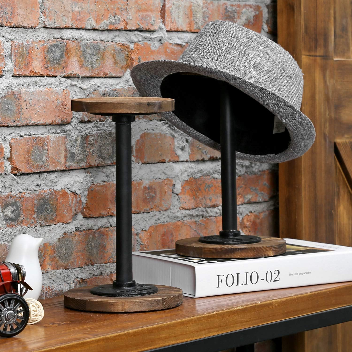 MyGift 2 Pcs Cowboy Hat Holder Rack, Hat Organizer Stand for Baseball Caps, Helmet, Tabletop Wig or Jewelry Display Riser, Rustic Burnt Wood with Industrial Metal Pipe