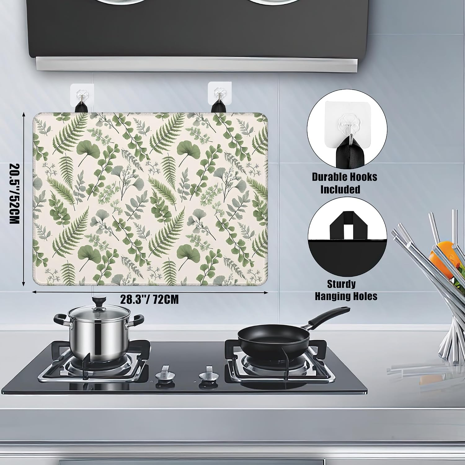Green Herb Leaves Glass Top Stove Cover Protector,Spring Botanical Leaf Heat Resistant Stove Top Cover, Large Size Range Covers for Electric Stove Countertop Mat, 28 x 20 Inch