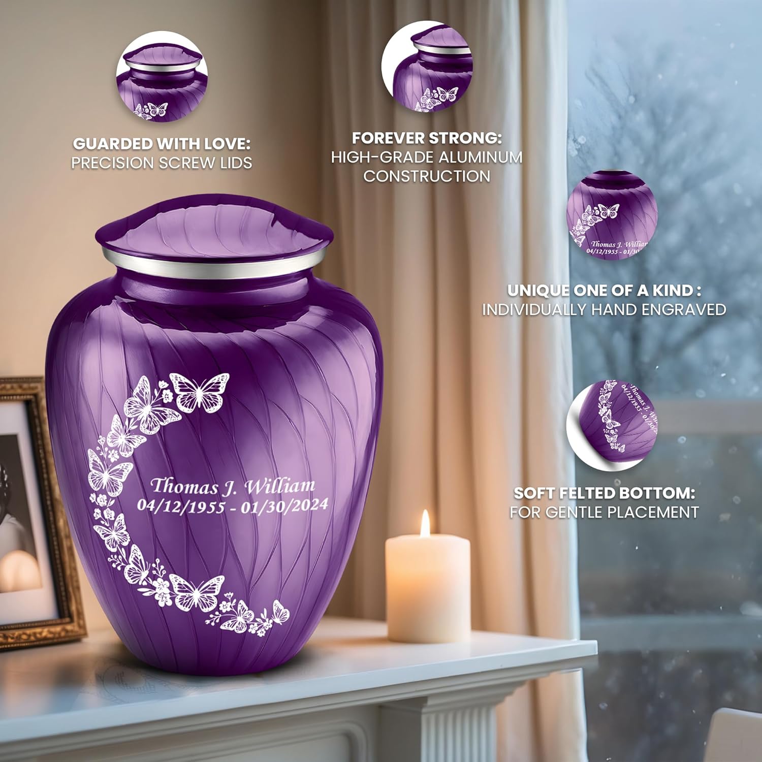 Set of 6 Serenity Butterfly Custom Engraved Decorative Urns for Human Ashes Includes 1 Large Urn with 4 Small Keepsakes & 1 Silver Necklace - Pearl Purple