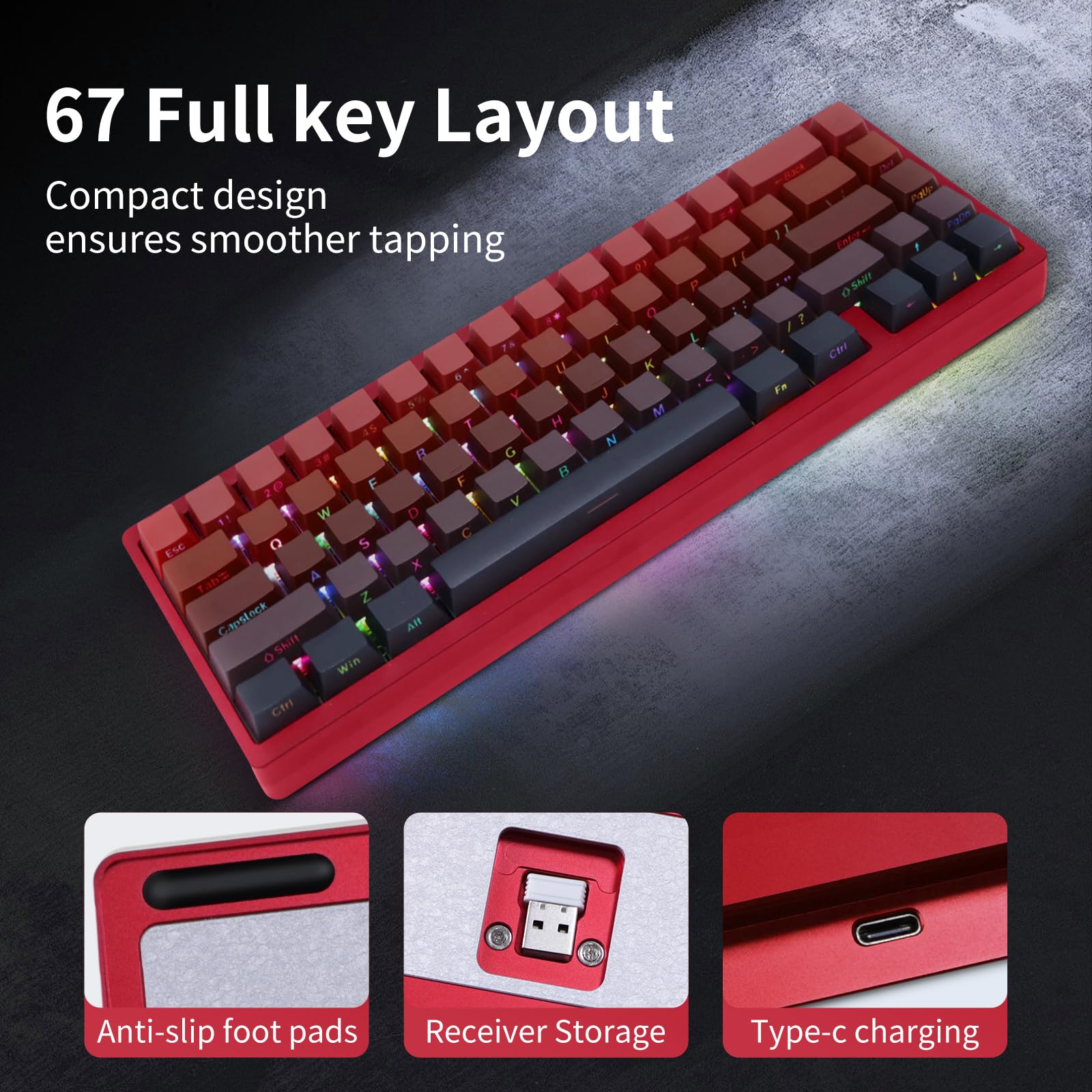 Tastiera da gioco a 67 tasti, 3 modalità, in alluminio, con guarnizione CNC, retroilluminazione RGB, tastiera meccanica personalizzata wireless/cablata per Mac, Windows Linux, keycap PBT double-shot