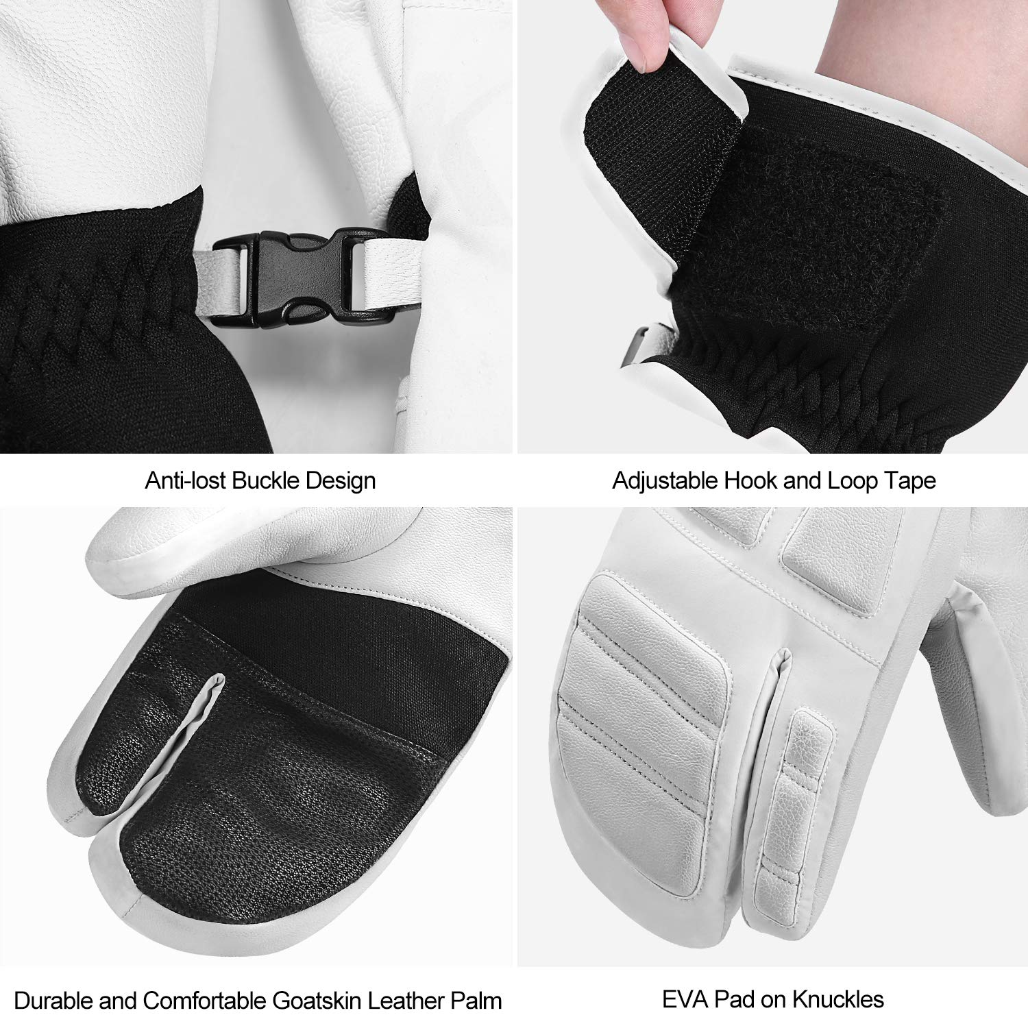 KUTOOK Skihandschuhe Ziegenleder 3M Thinsulate Fäustlinge 5 MM Eva HIPORA Wasserdicht Winddicht Strapazierfähig 3 Fingerhandschuhe Herren Damen für Ski Snowboard Wintersport(SF9503T)