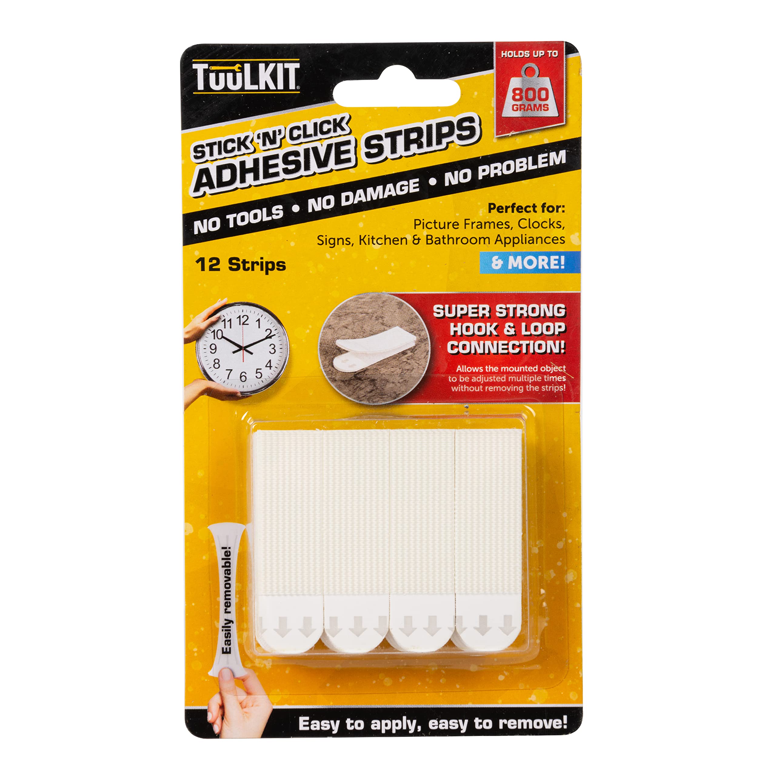 TuuLKIT Stick 'N' Click Adhesive Strips - 12 Super Strong Hook and Loop Strips Perfect for Frames, Clocks, Keys, Decorations & Lights