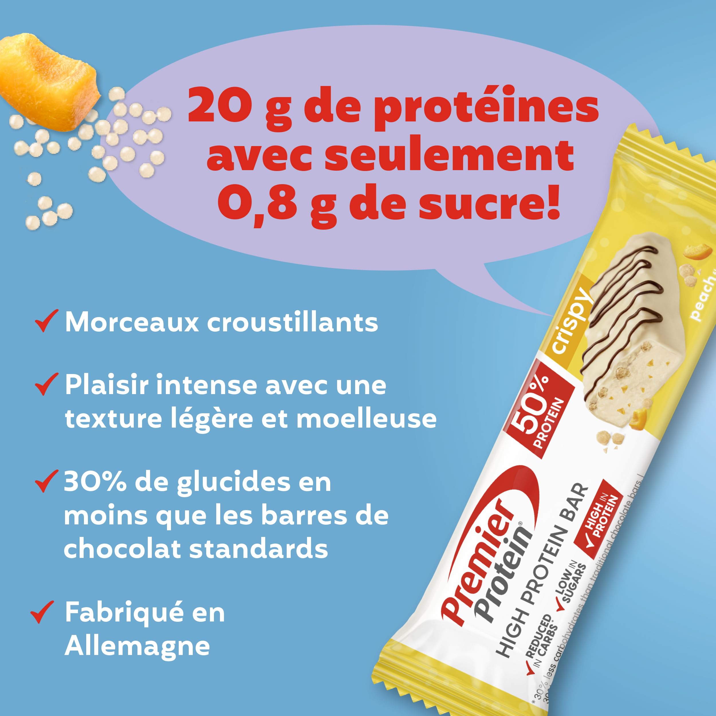 Premier Protein High Protein Bar Crispy Peach 16x40g - High Protein Low Sugar Riegel + Palmölfrei