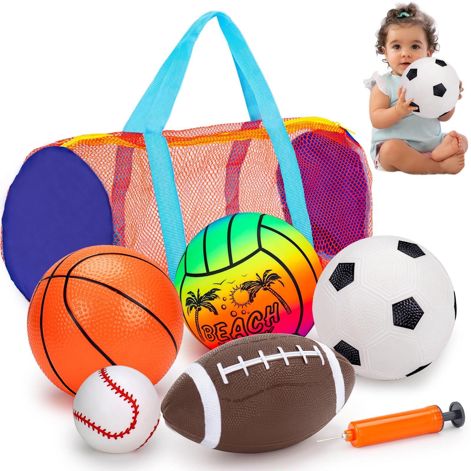 Lypsochaat Balls for Toddlers 1-3, 5pcs Inflatable Balls with Storage Bag Football Soccer Basketball Baseball Volleyball Pump, Indoor Outdoor Sports Play Toys for Kids Toddler 3+ Years