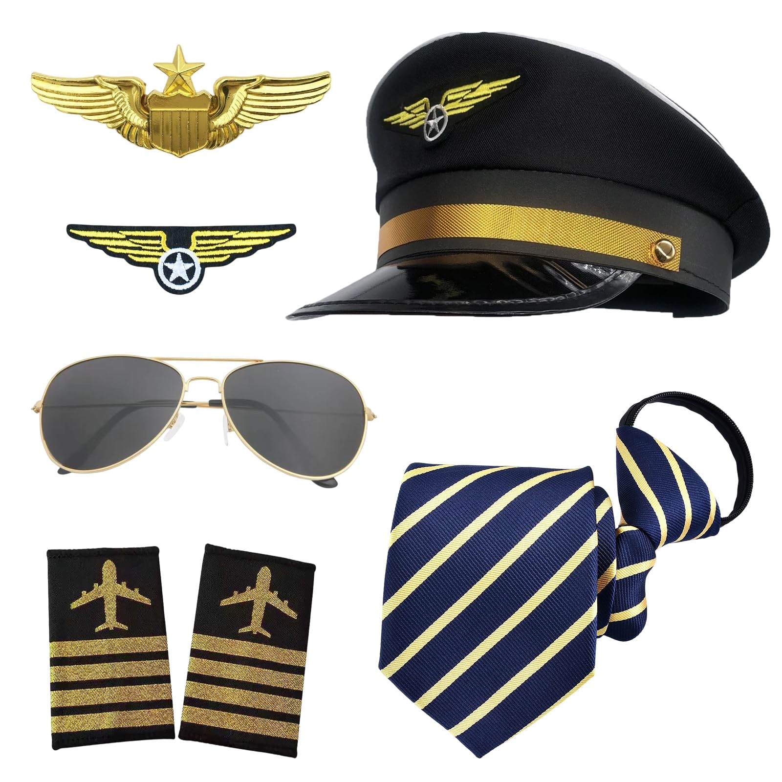 WSOAFVK 7 Piece Pilot Captain Costume Accessories Set, Airline Pilot Captain Hat Costume, Aviator Hat, Epaulettes, Badge, Sunglasses, Tie, Fancy Dress Role Play Party Kit