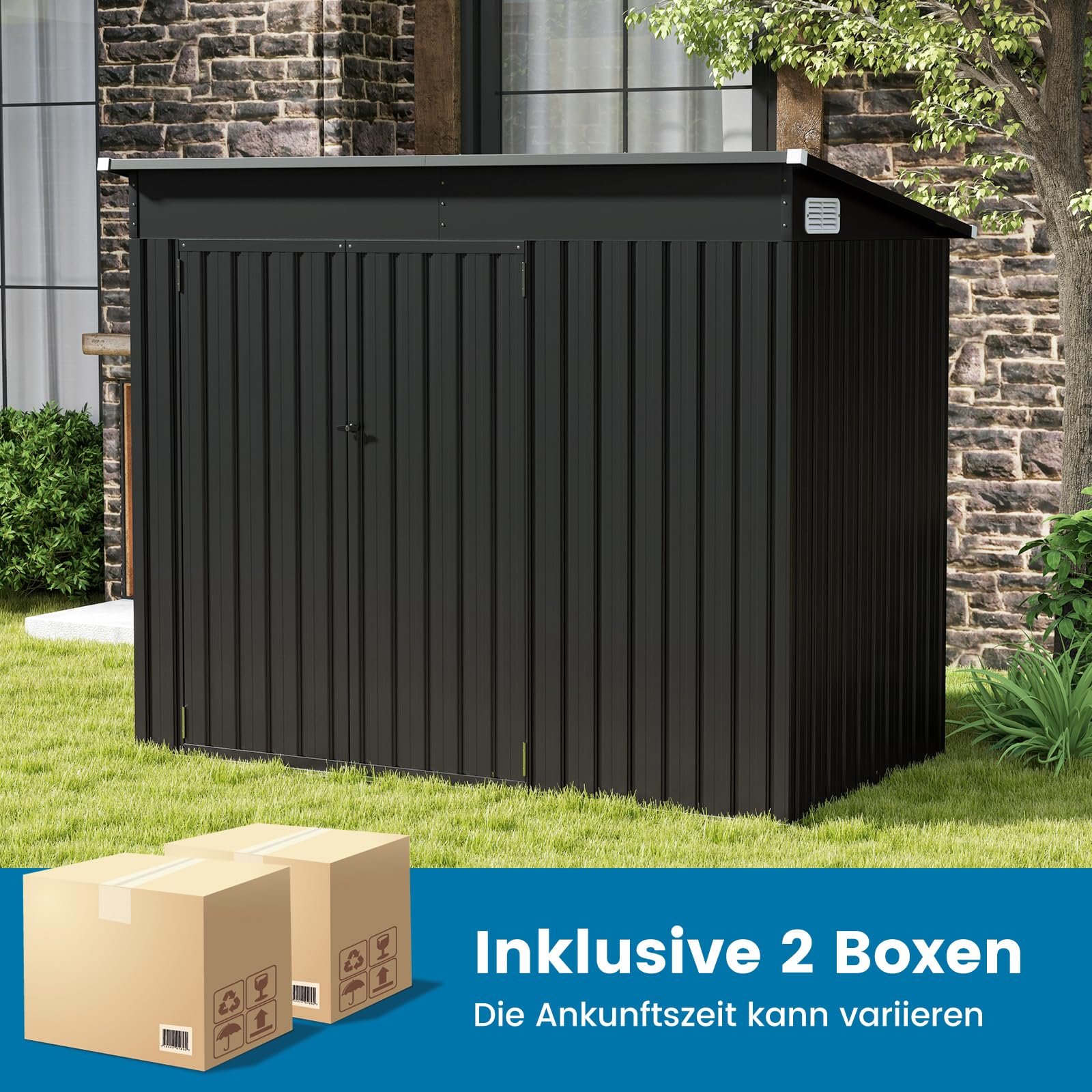 COSTWAY Gartenhaus Metall, 235 x 117 x 185 cm, Gerätehaus mit Vordertür & Seitentür & Pultdach, Geräteschuppen abschließbar, Gartenhütte Gartenschuppen, Garten Schuppen Outdoor (Dunkelgrau)