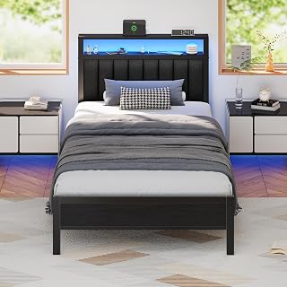 Furnulem Twin Bed Frame with RGB LED Lights, USB Charging Station, 2-Tier Storage Shelves, Metal Slats - No Box Spring, Grey Upholstered