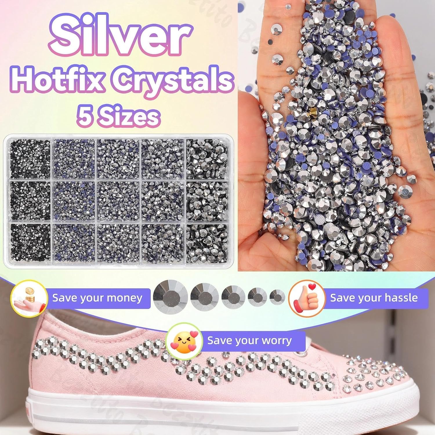 15000Pcs Hotfix Rhinestones Flatback for Bedazzling, Mix Sizes Crystal Rhinestones Resin Gems, Silver Gems Bedazzling for Crafting, Flatback Rhinestone for DIY Face Makeup Crafts Tumblers