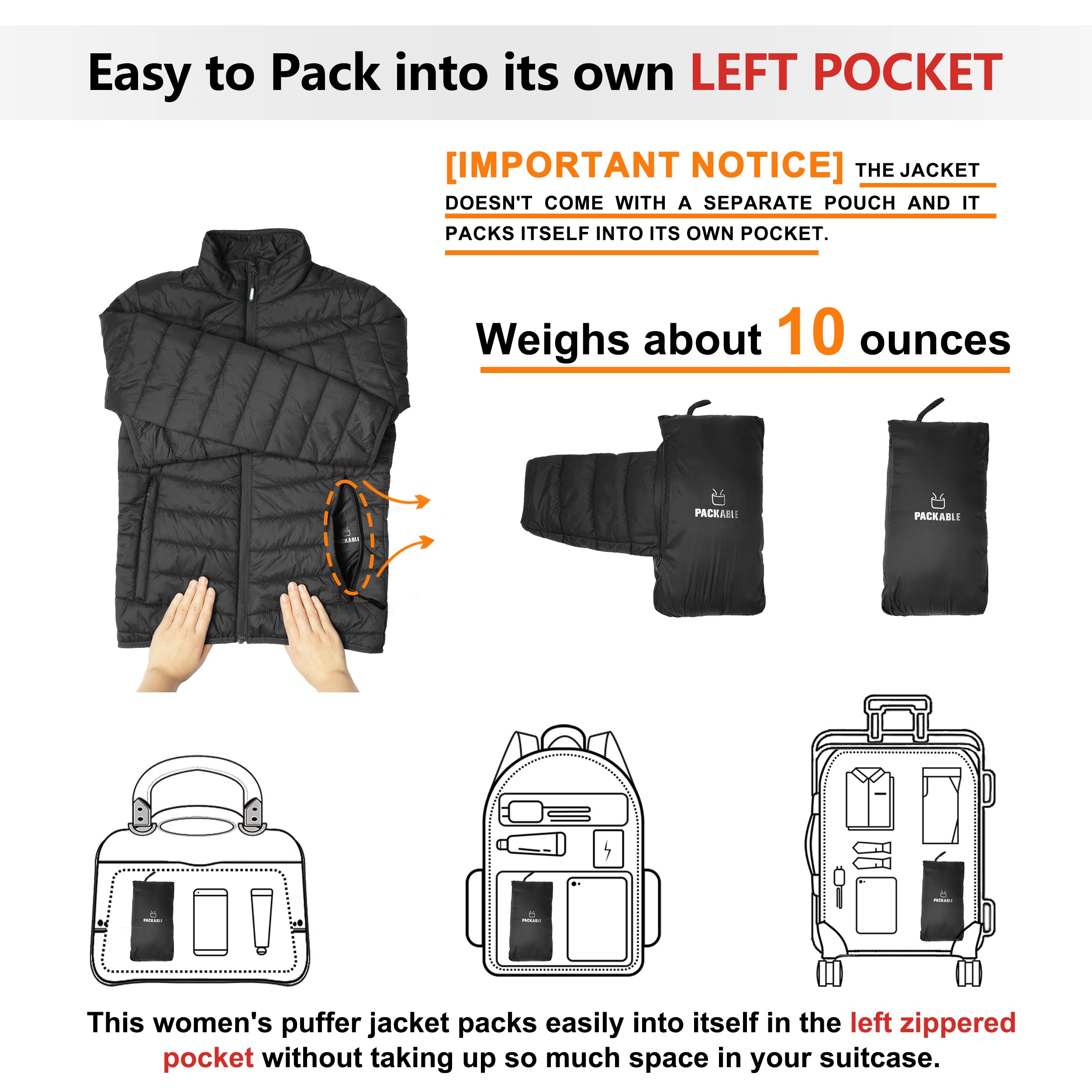 Outdoor Ventures Veste matelassée légère et chaude pour femme - Veste matelassée douce - Pour les loisirs, la randonnée, les voyages, l'extérieur