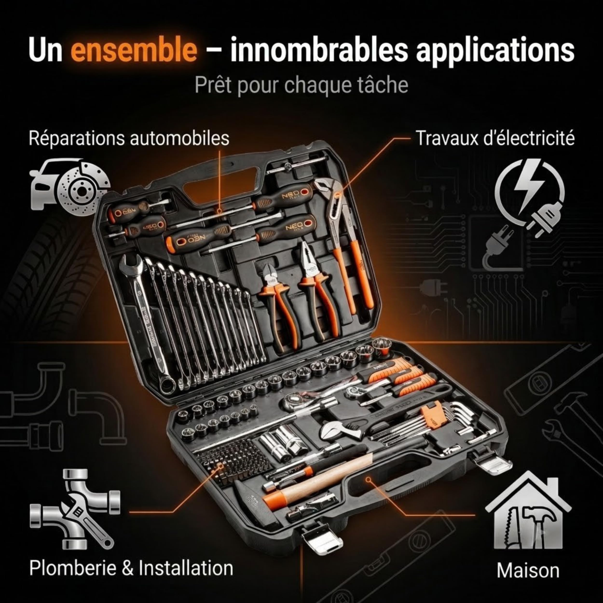 NEO TOOLS Lot de 143 outils en acier CRV pour travaux mécaniques, électriques, sanitaires et ménagers, mallette solide avec pinces métalliques