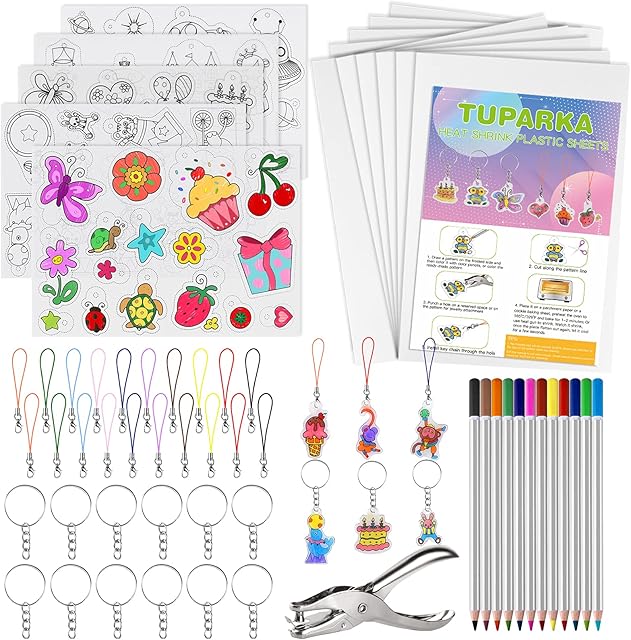 TUPARKA 60 Pcs Heat Shrink Plastic Sheet Kit, Shrink Sheets Creative Pack,Including 10Pcs Blank Shrink Film Paper and 5 Pcs Shrink Art Paper with Pattern,Hole Punch,Keychains,Pencils for Kids
