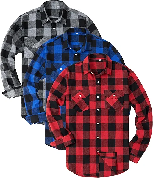 Kinglaman 1/3 Pack Mens Flannel Shirt Long Sleeve Plaid Shirts Casual Button Down Buffalo Plaid Checkered Cotton Jacket
