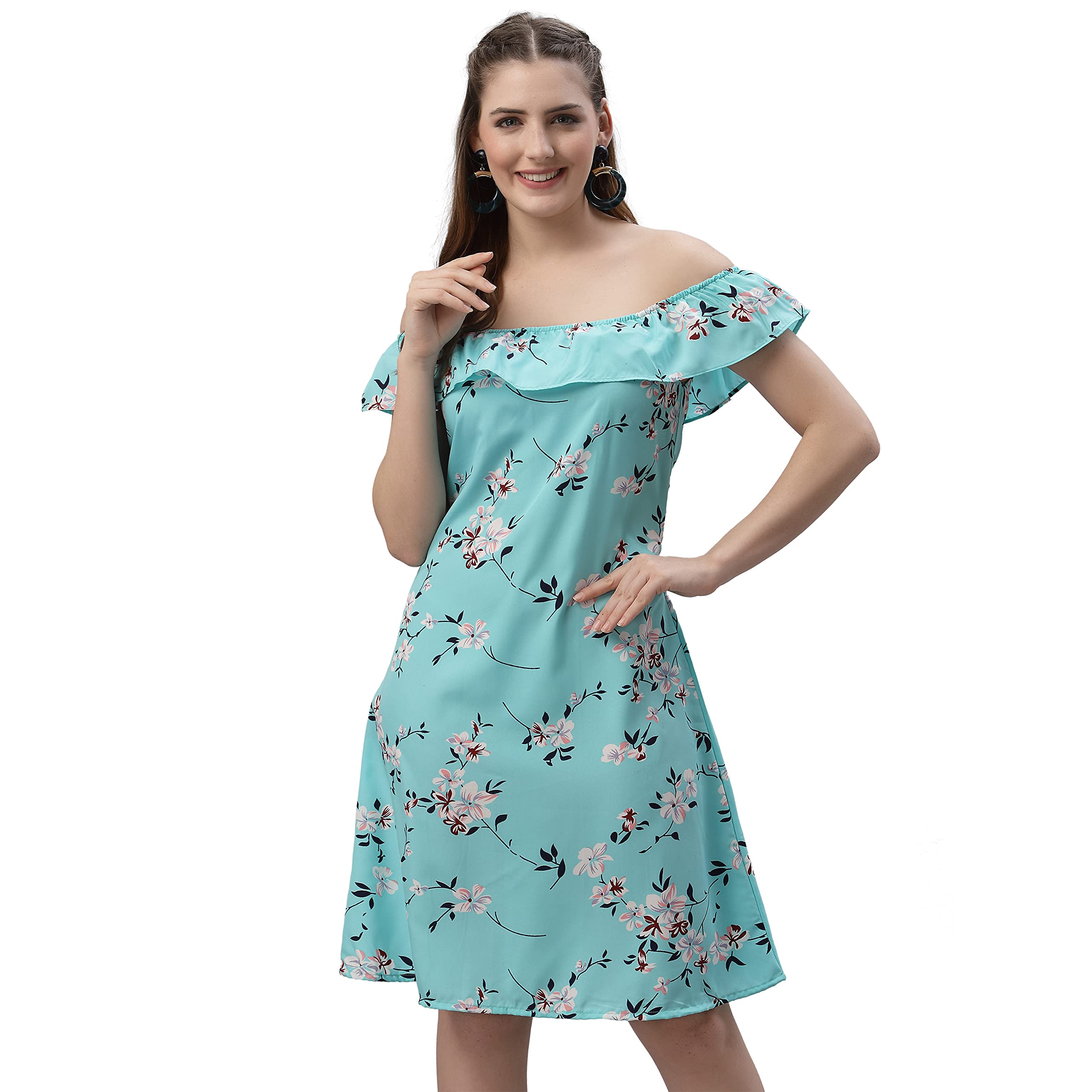 Oomph! Women's Western & Fusion Wear Mini/Short A-Line Light Green Dress In Crepe Fabric With Off Shoulder And Off Shoulder Sleeve - Md499Xl