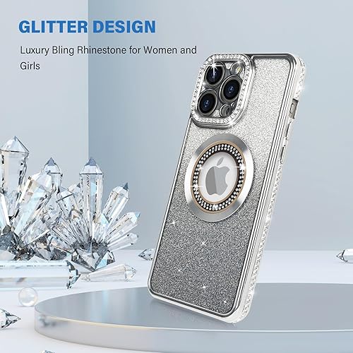 Miniatura 3 de Losin Funda magnética compatible con iPhone 15 Pro Max con purpurina compatible con MagSafe Funda de lujo con diamantes de imitación con logotipo