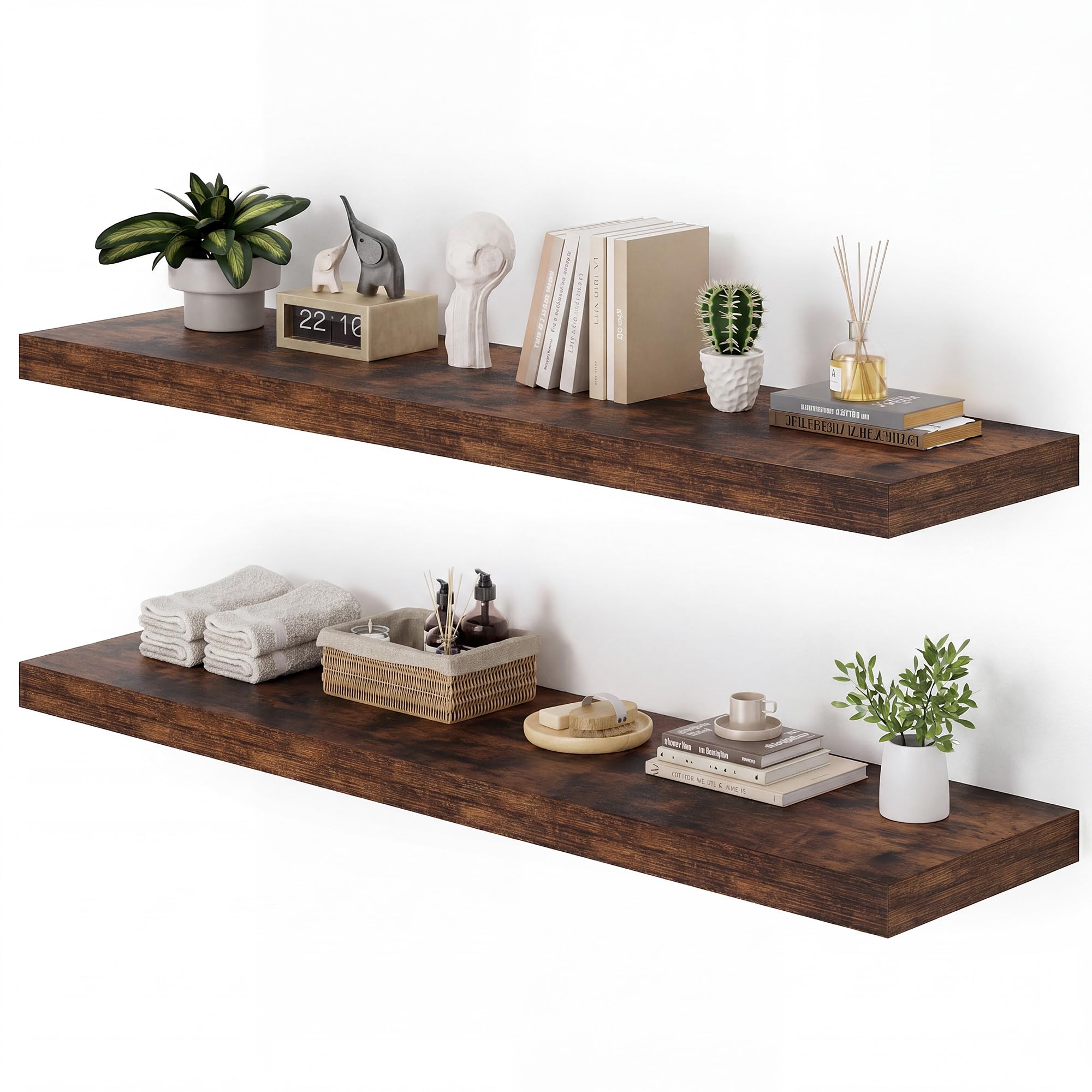 Heimlove 48W x 12D Long Floating Shelf, 12 Inch Deep Floating Shelves for Wall Set of 2, Wood Shelves for Bedroom Living Room Bathroom Kitchen Home