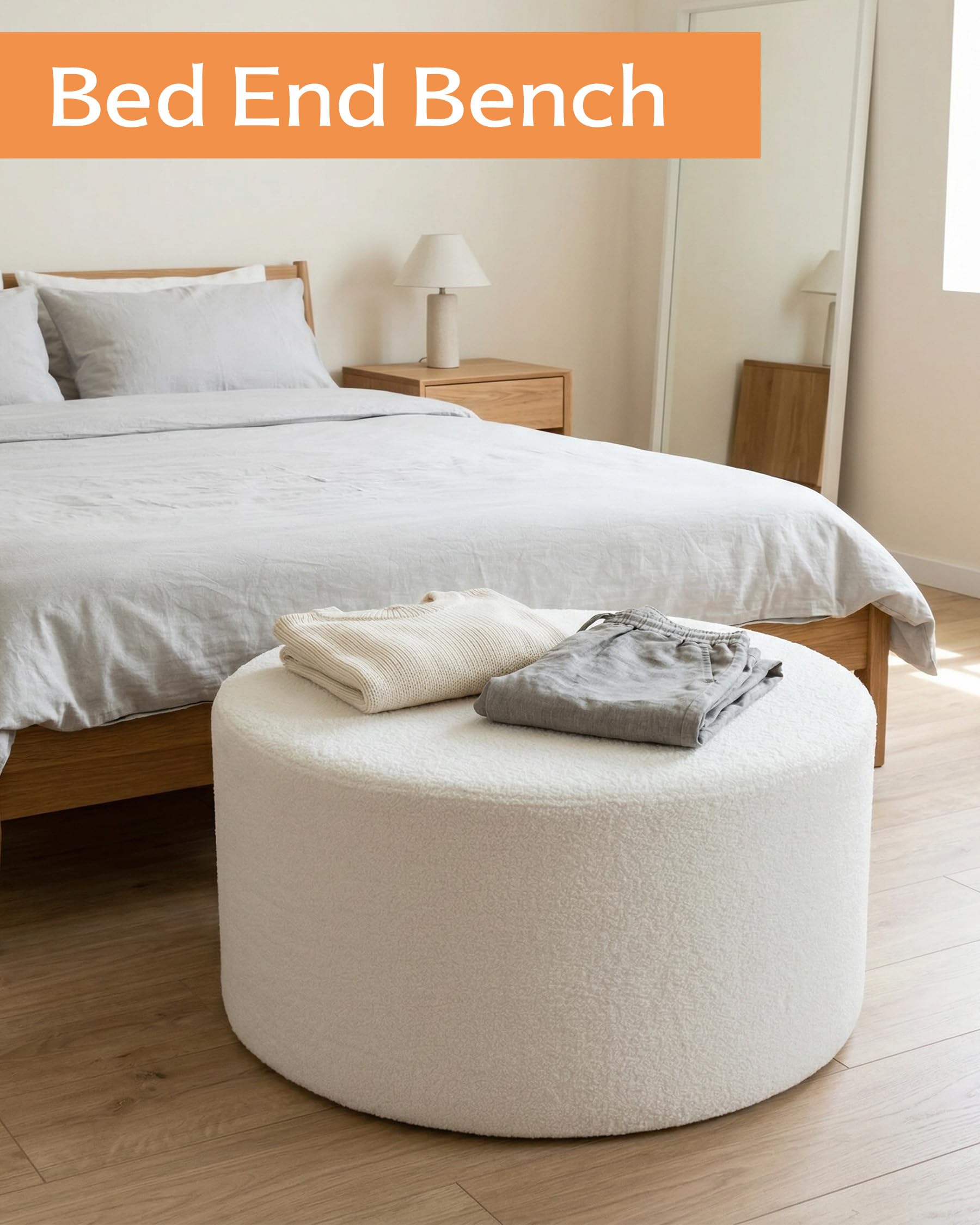 Pouf Poggiapiedi Divano Morbido Grande Pouf Rotondo 70cm in Tessuto Teddy Beige, Puff Poltrona per Camera da Letto, Seduta da Pavimento Moderna Poggia Piedi Imbottito 70x70x40cm