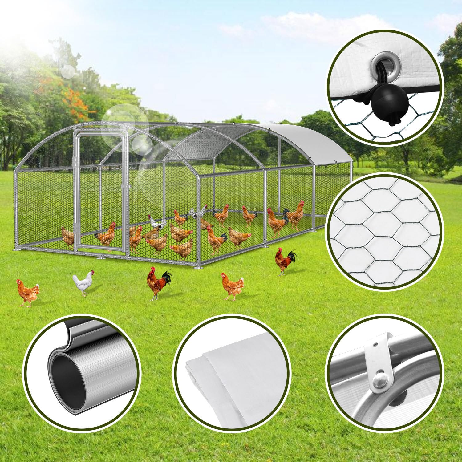 Gallinero de 3 x 6 x 2 m, recinto para gallinas, gallinas, acero galvanizado, para gallinas, caseta de conejo, cúpula, tejado, ganso, palomas y codornices, recinto de metal con red