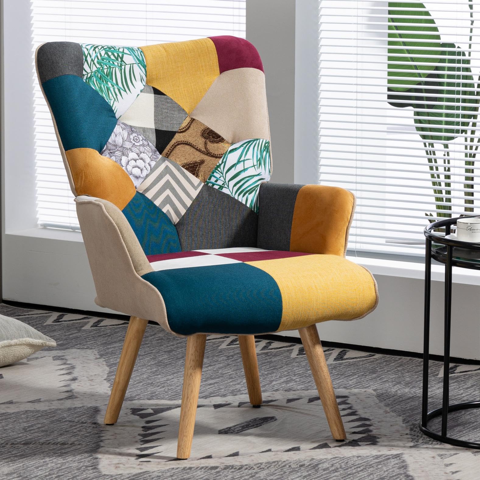 Patchwork Sessel Relaxsessel Leinen Loungesessel mit Massivholzfüße Ohrensessel für Wohnzimmer, Schlafzimmer, Leseecke, Bunt
