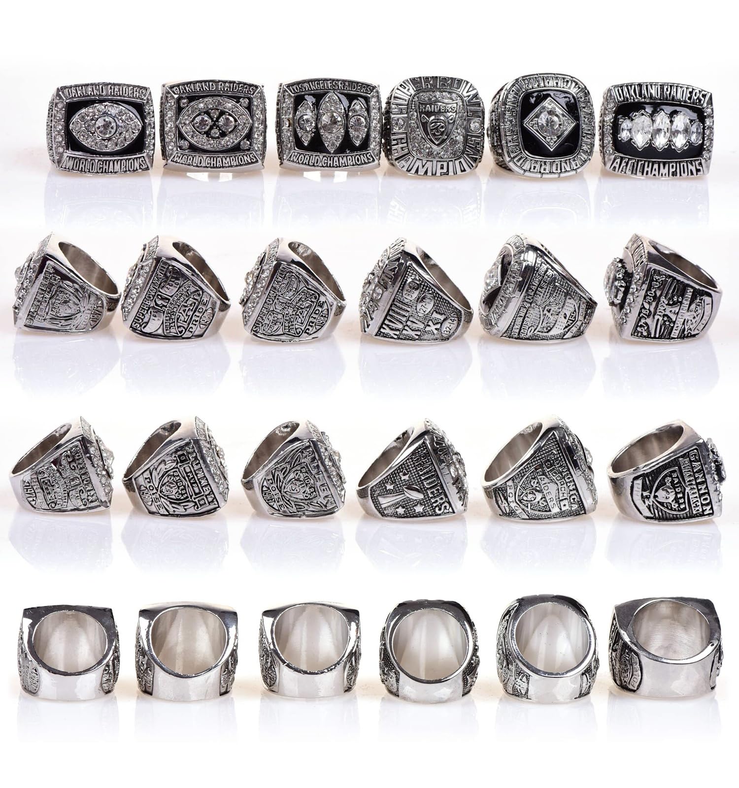 SILVER STYLE GIFT SET LAS VEGAS RUGBY 6-TIMES WORLD CHAMPIONSHIP RING, 6 RINGS SET WITH 6-HOLE WOODEN DISPLAY BOX PACKAGING, HOLIDAY GIFT FOR BASEBALL FANS