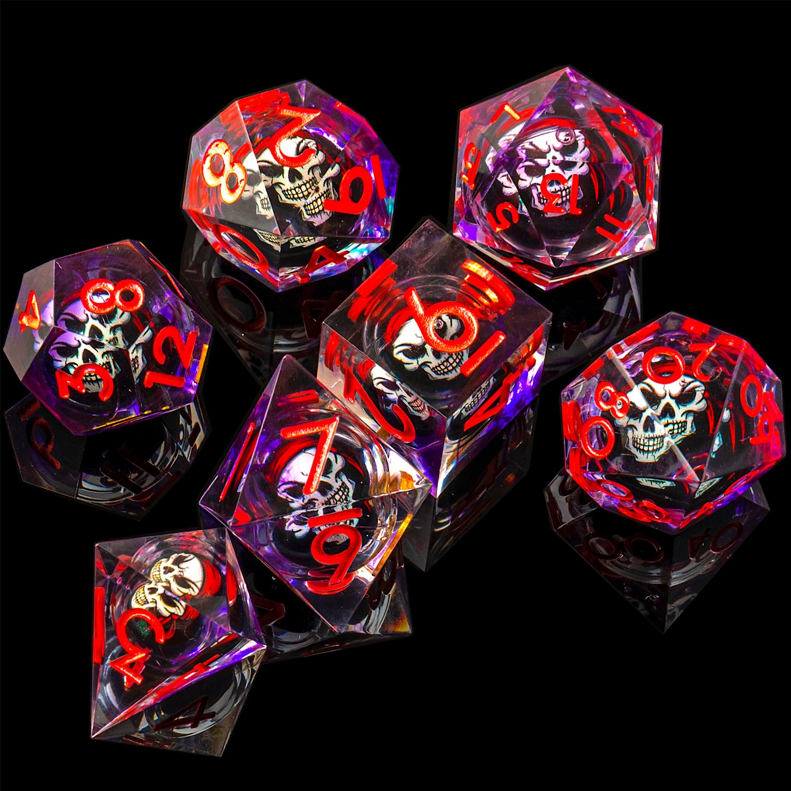 FLASHOWL Set De 7 Dés D&D – Thème Crâne Avec Feuille D'or – D20, D12, D10, D8, D6, D4 – Horreur Et Collection