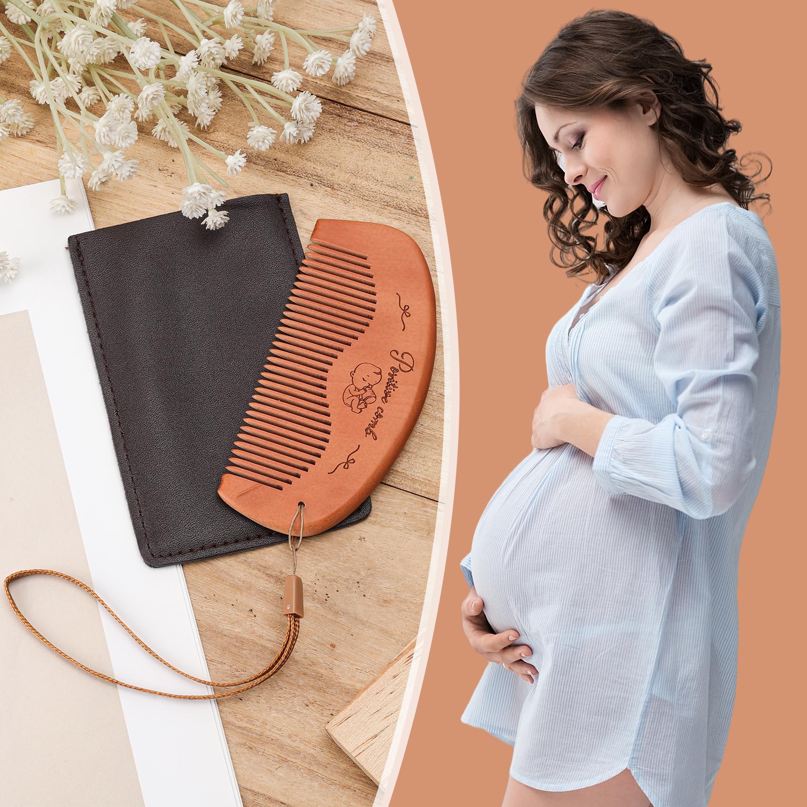 Set di Pettine da Parto, Legno Travaglio Pettine per Capelli con Borsa Portaoggetti e Cordino Articoli Essenziali per il Parto per le Mamme Alla Prima Esperienza Regalo per la Gravidanza