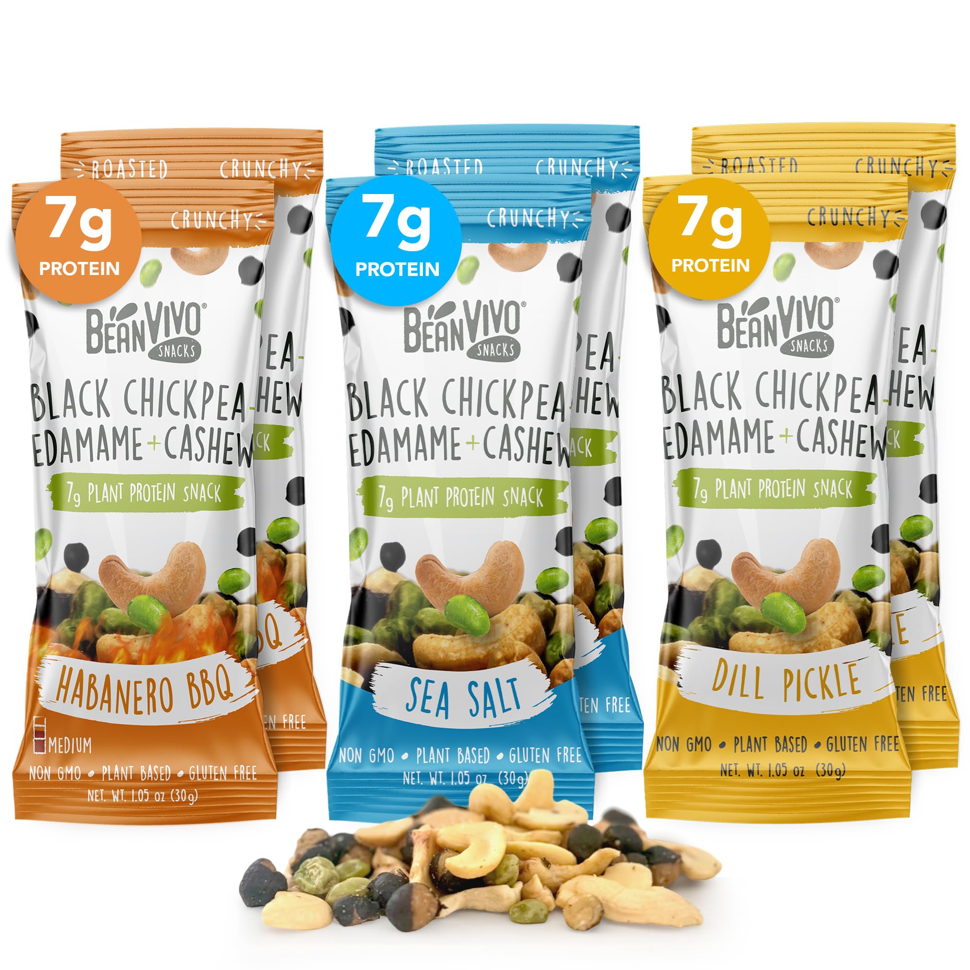 BeanVIVO Healthy Snacks for Adults & Kids with 7g Protein & 5g Fiber per Serving with Dried Edamame, Roasted Cashew and Black Chickpeas - Vegan & Gluten Free - Keto Friendly & Non-GMO - 6Pack (1.05 oz Each Pouch)